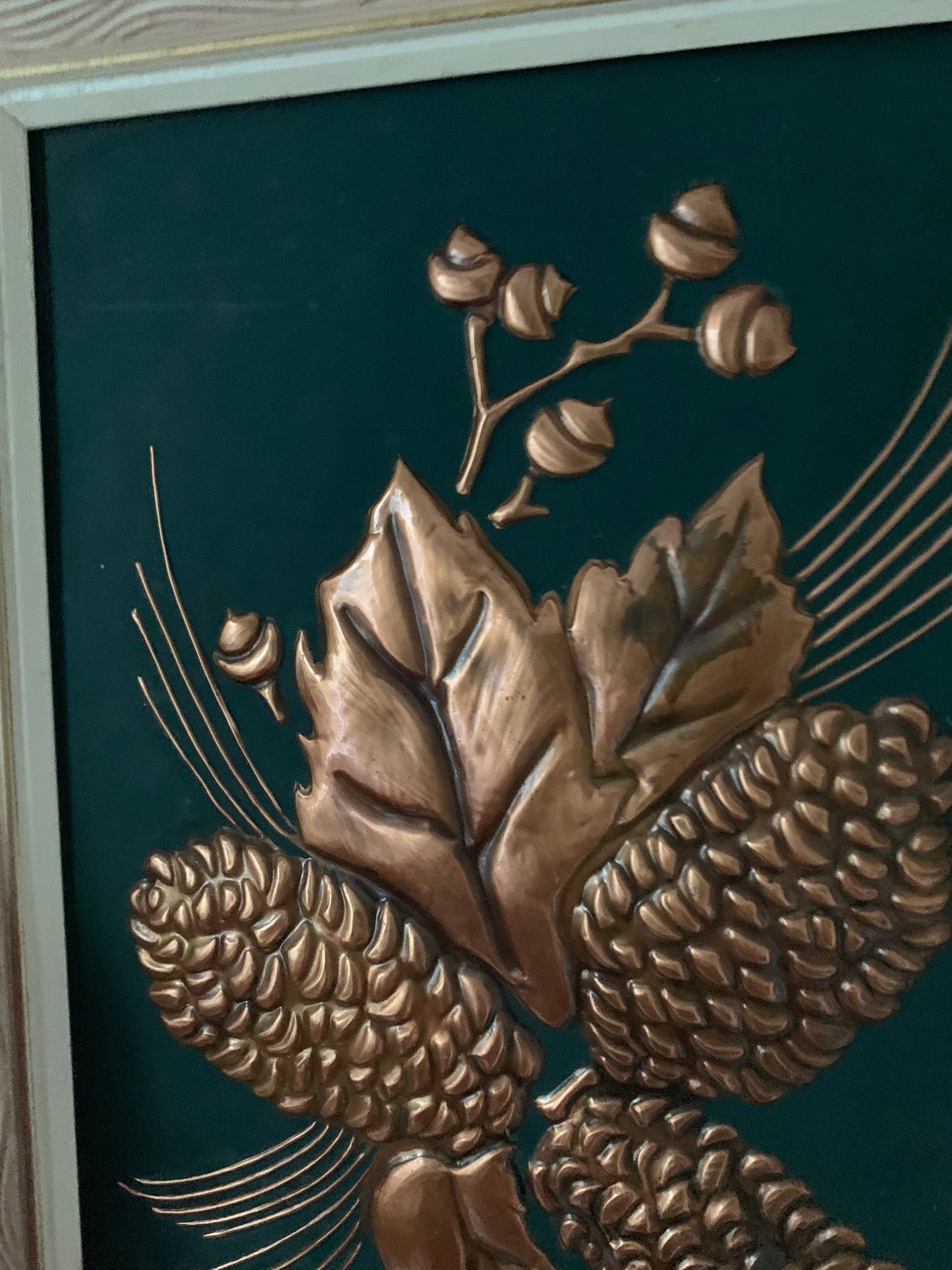 Vintage Copper Relief Oak Leaves and Pinecones in White Wood Frame