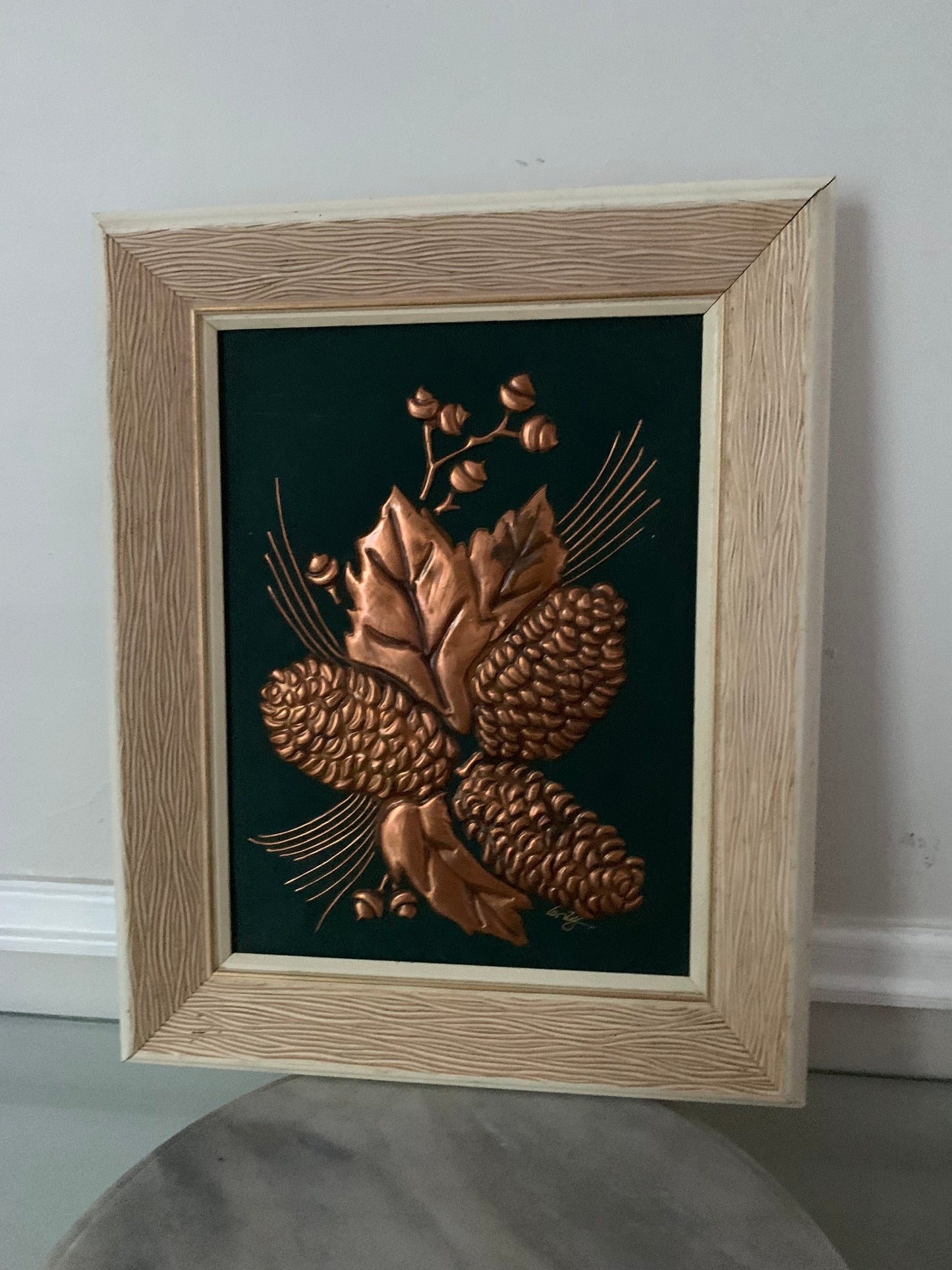 Vintage Copper Relief Oak Leaves and Pinecones in White Wood Frame