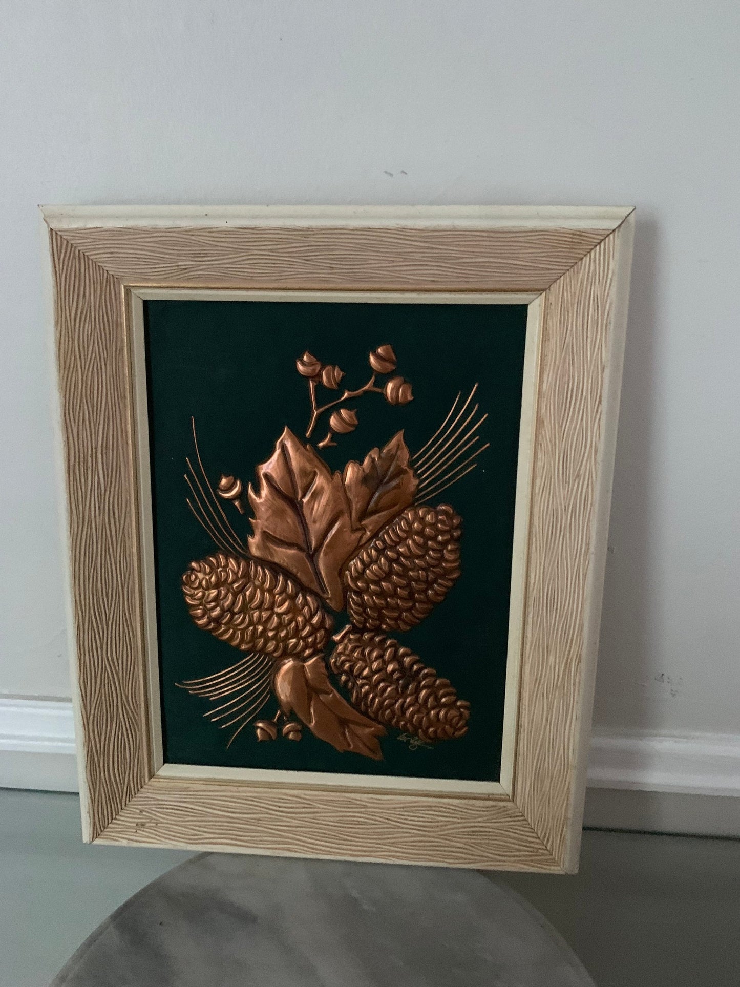 Vintage Copper Relief Oak Leaves and Pinecones in White Wood Frame