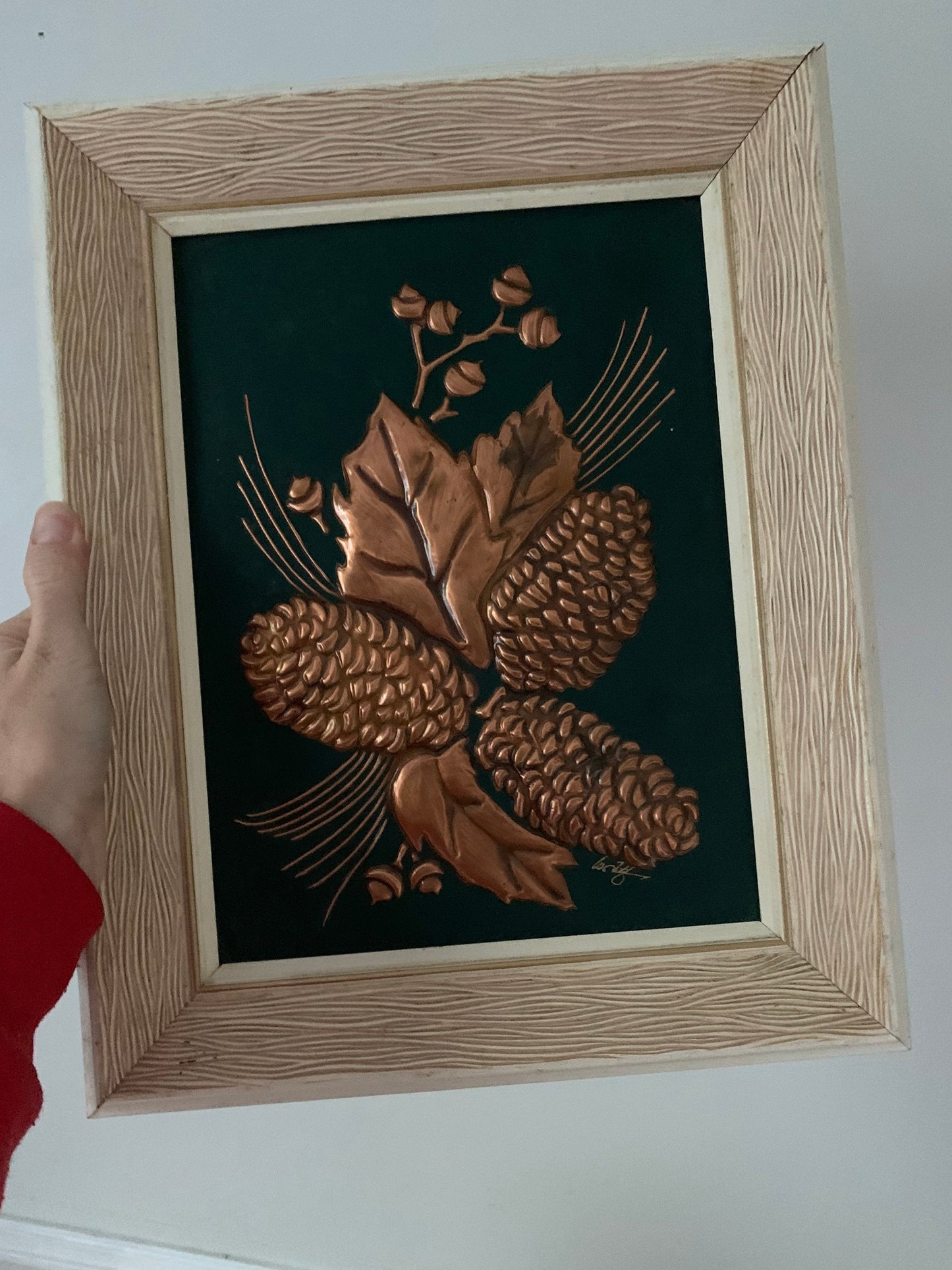 Vintage Copper Relief Oak Leaves and Pinecones in White Wood Frame