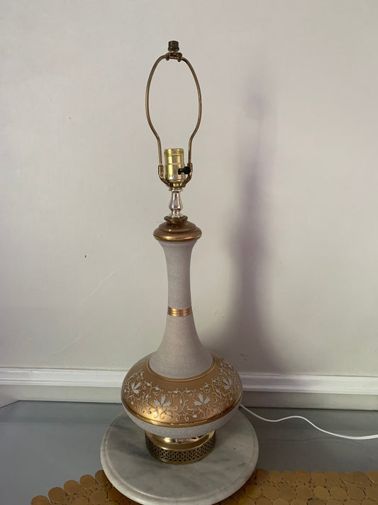 Tall MCM White & Gold Glass Lamp with Brass Base No Shade Made in France