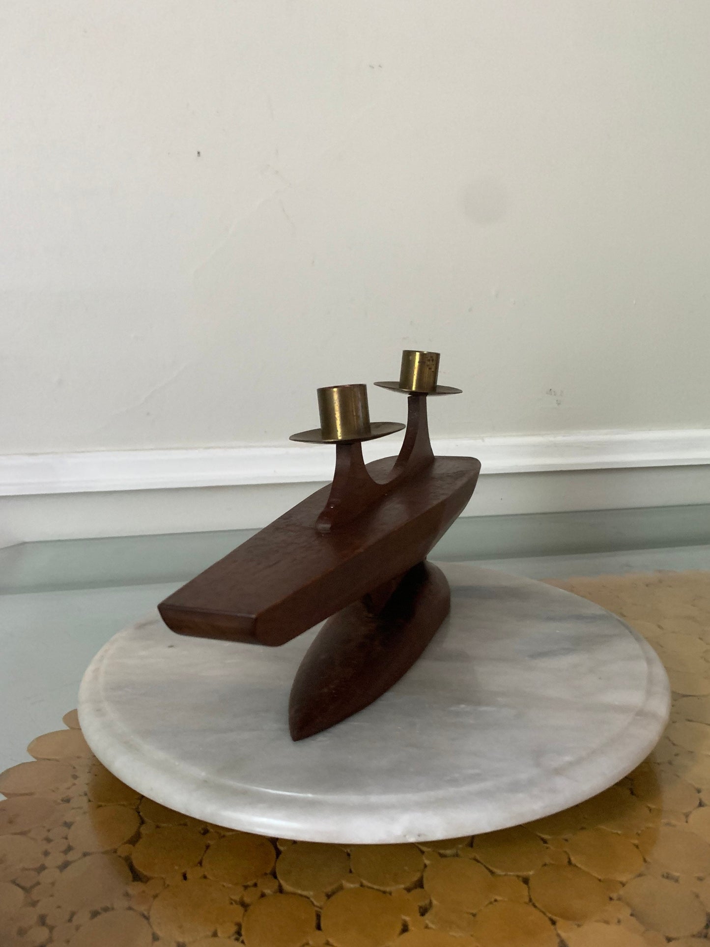 MCM Hand Carved Teak Ship & Brass Candle Holder