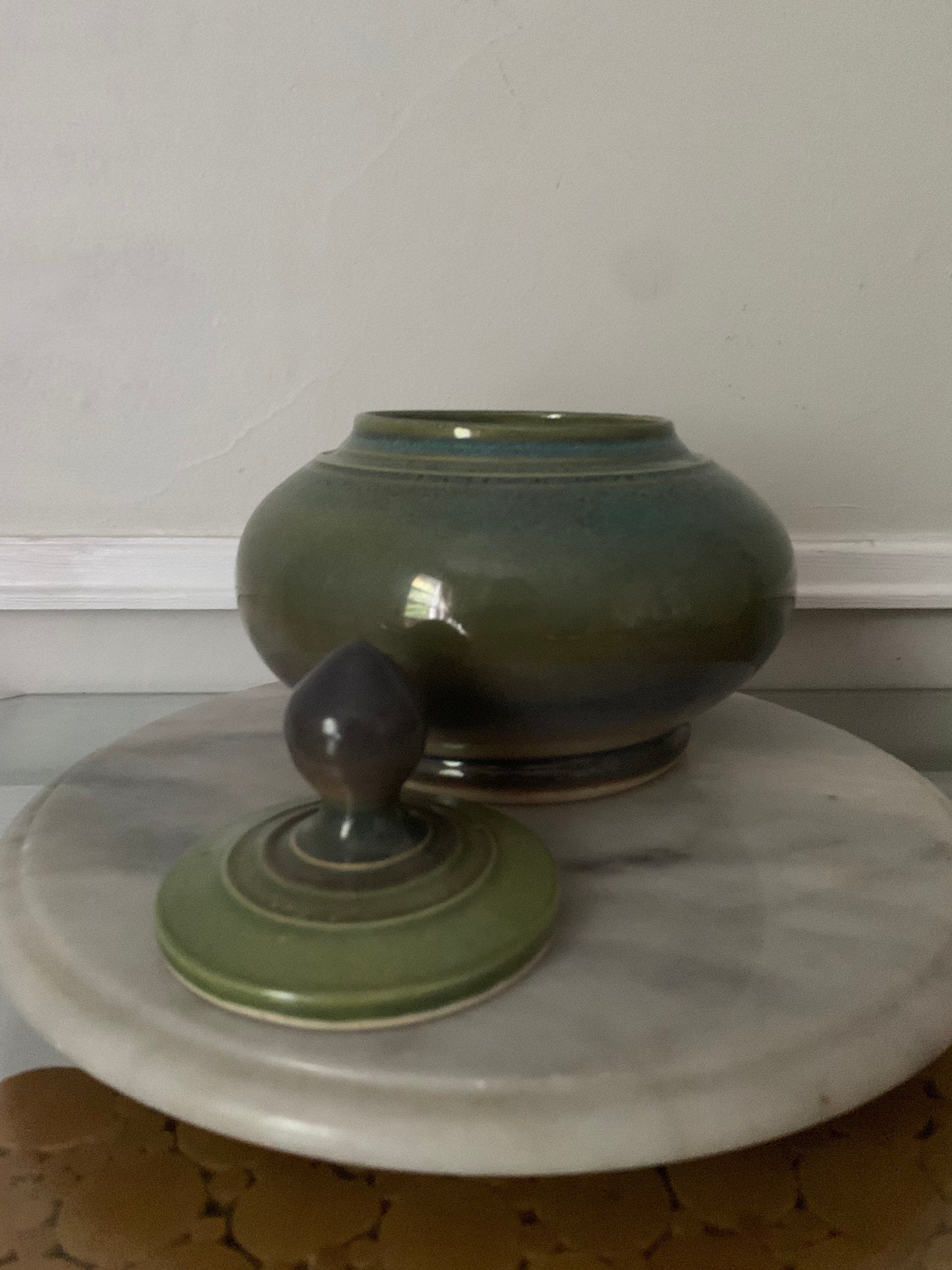 Medium Multi Coloured Lidded Glazed Pottery Dish