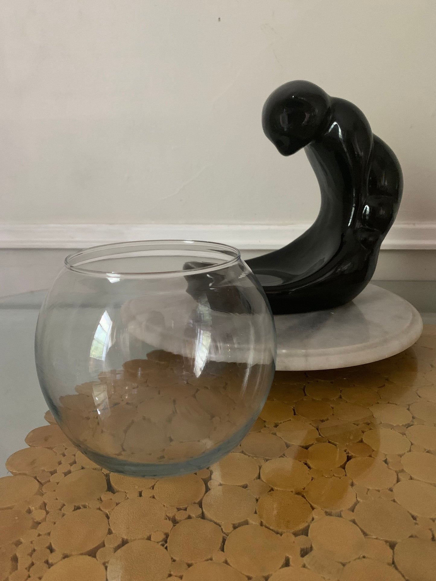 Retro Vandor Pelzman Black Ceramic Cat with Clear Glass Fish Bowl