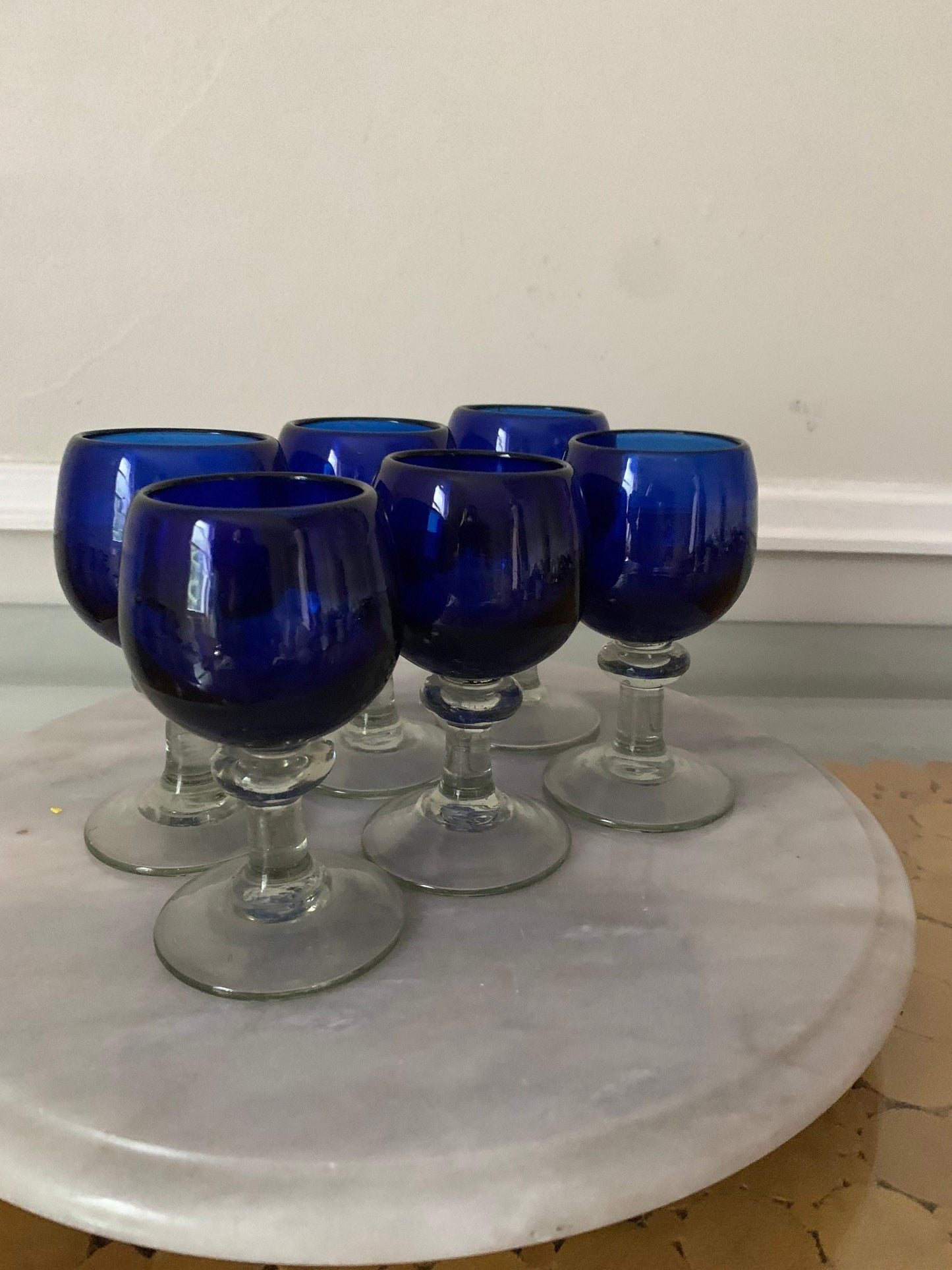 Set of 6 Small Retro Mexican Cobalt Blue Aperitif Glasses