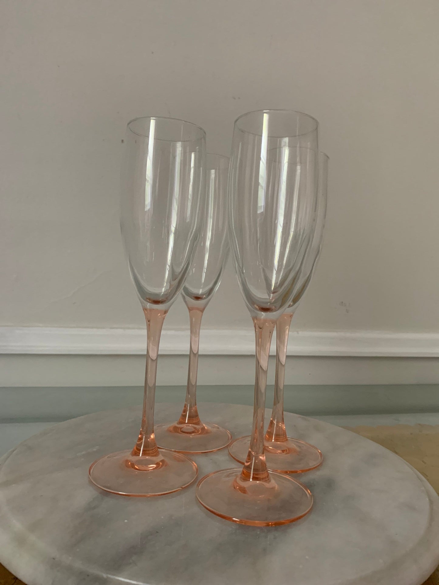 Vintage Set of 4 Light Pink Stem Luminarc Champagne Flutes Made in France