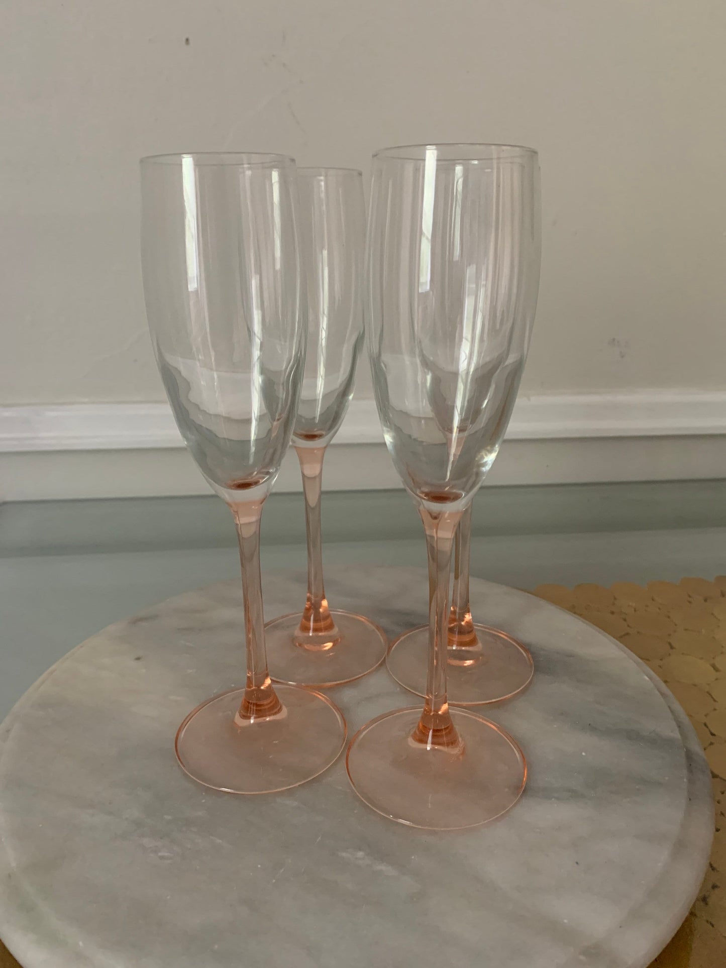 Vintage Set of 4 Light Pink Stem Luminarc Champagne Flutes Made in France