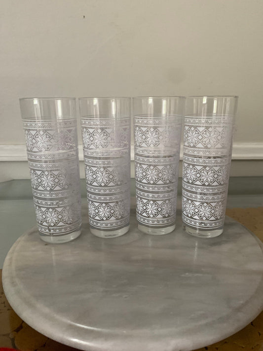 Vintage Set of 4 Tall White Tom Collins Snowflake Tumblers