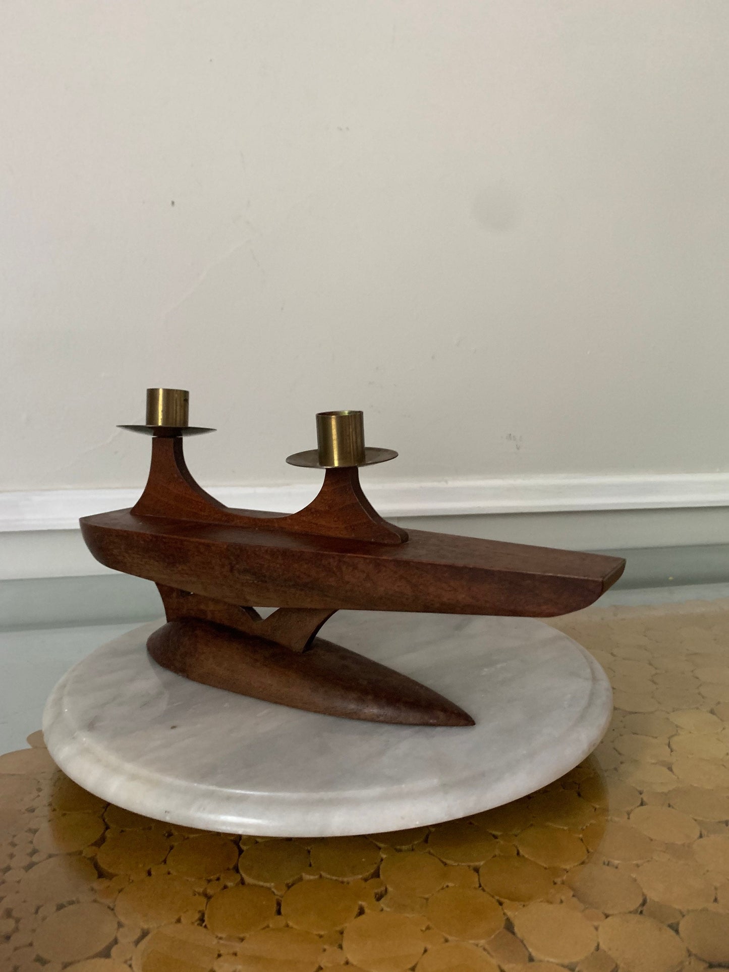 MCM Hand Carved Teak Ship & Brass Candle Holder