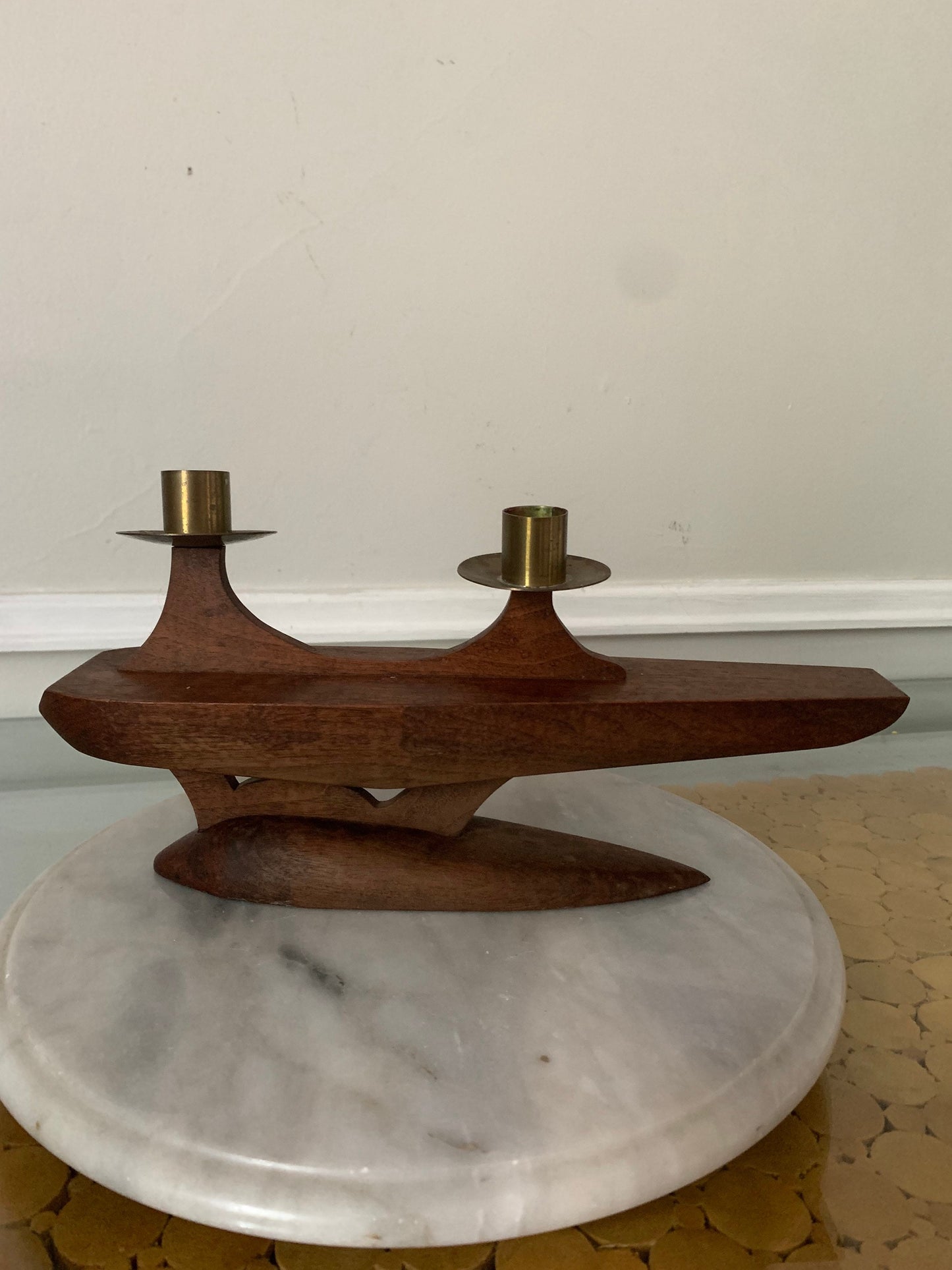 MCM Hand Carved Teak Ship & Brass Candle Holder