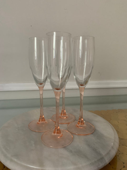 Vintage Set of 4 Light Pink Stem Luminarc Champagne Flutes Made in France