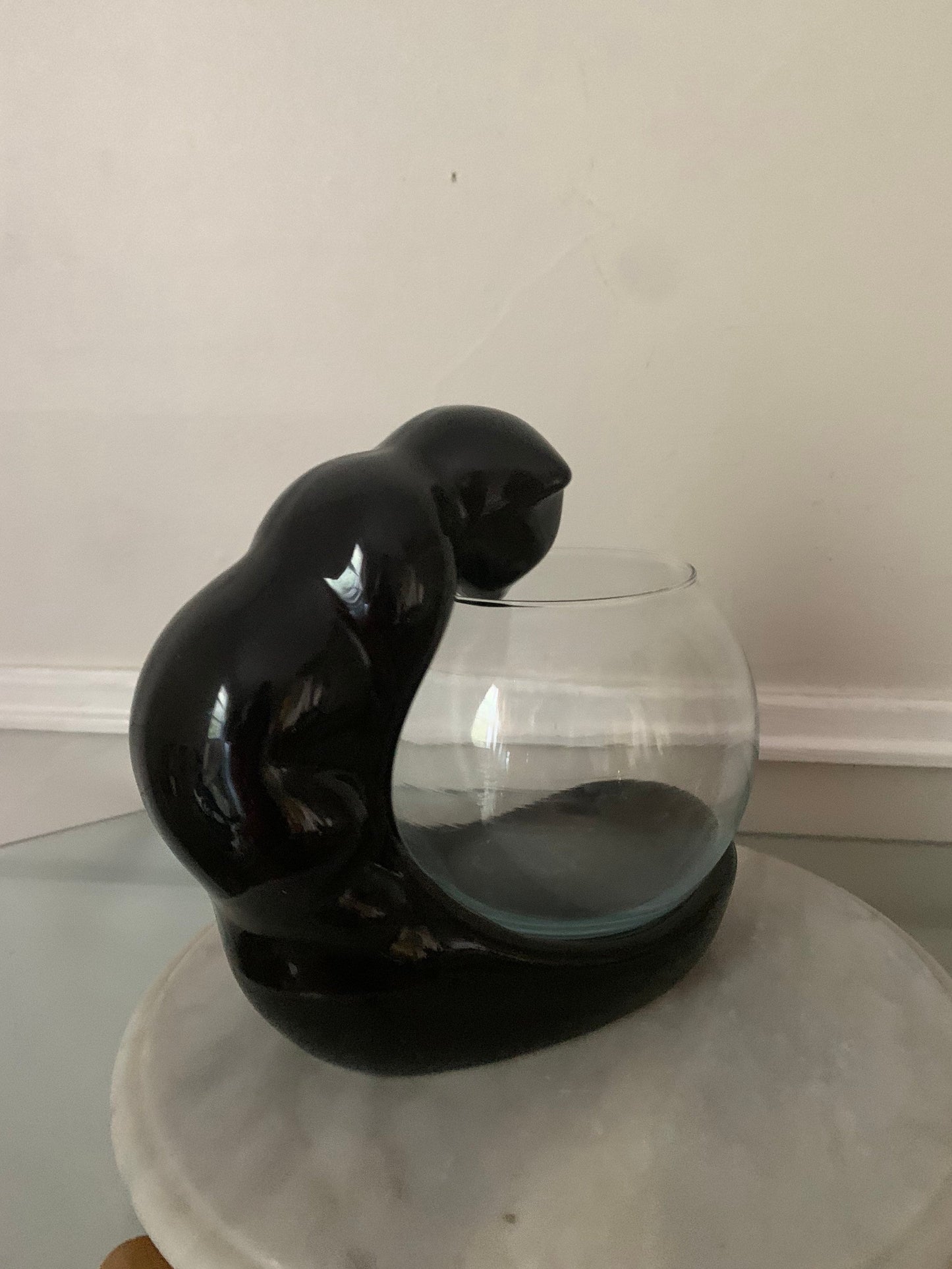 Retro Vandor Pelzman Black Ceramic Cat with Clear Glass Fish Bowl