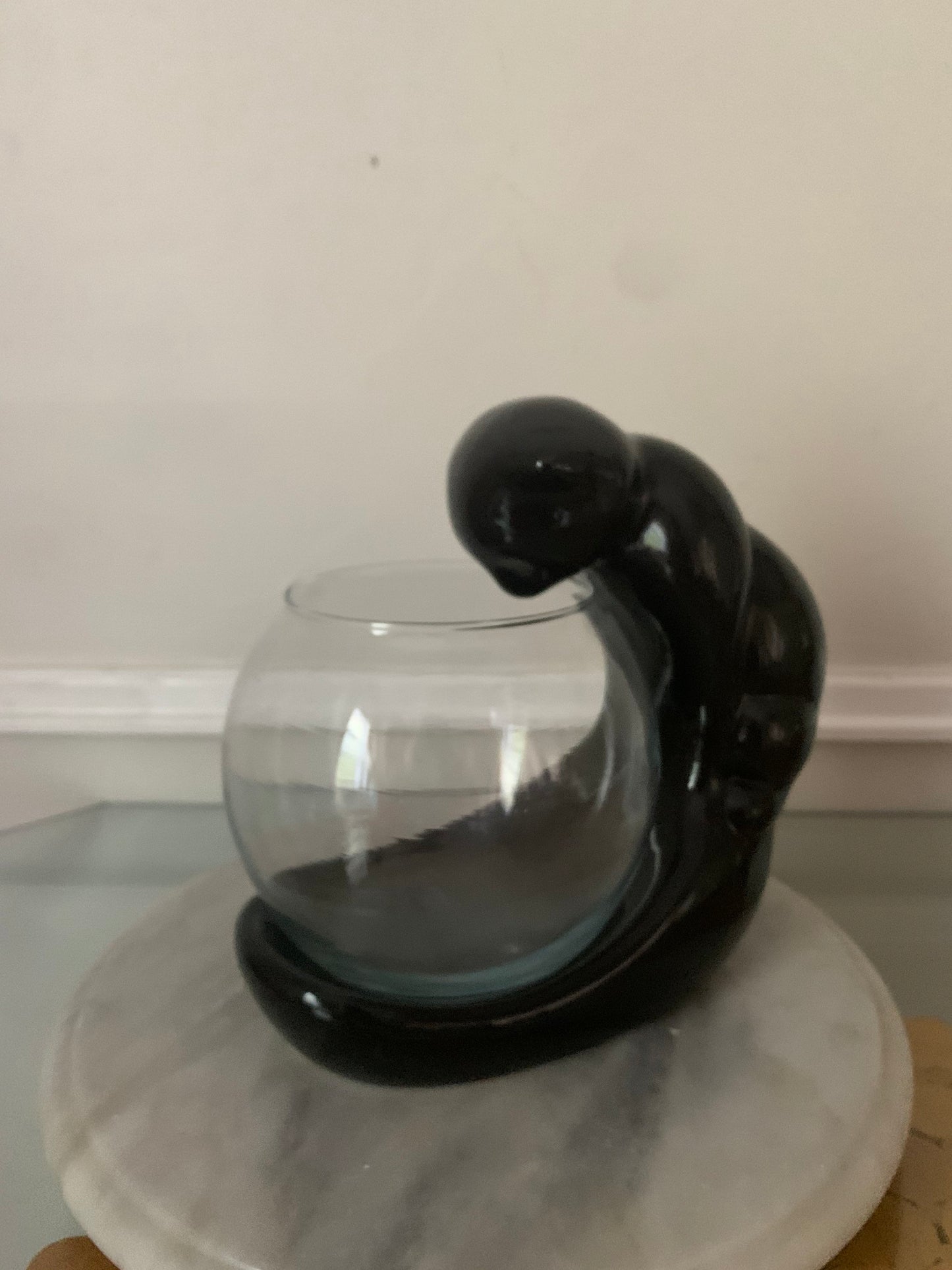 Retro Vandor Pelzman Black Ceramic Cat with Clear Glass Fish Bowl