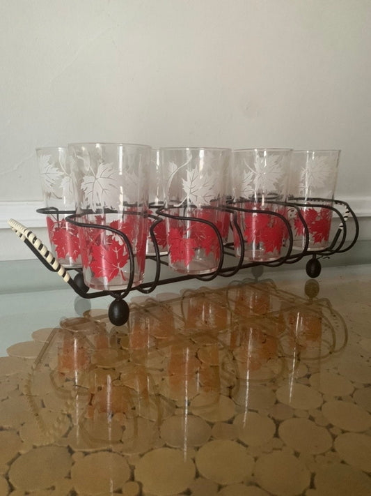 Vintage Set of 8 Red and White Leaf Glasses in Wire Caddy