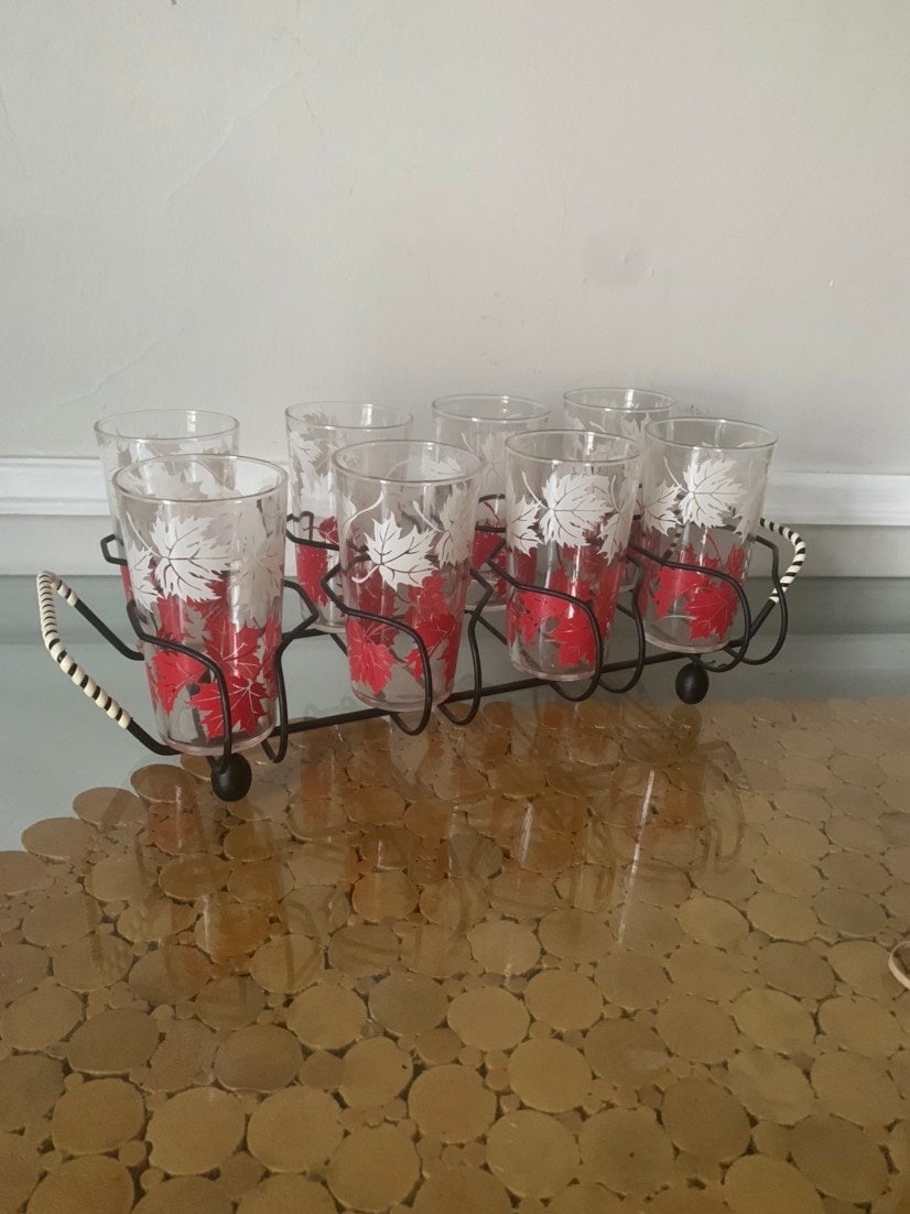 Vintage Set of 8 Red and White Leaf Glasses in Wire Caddy