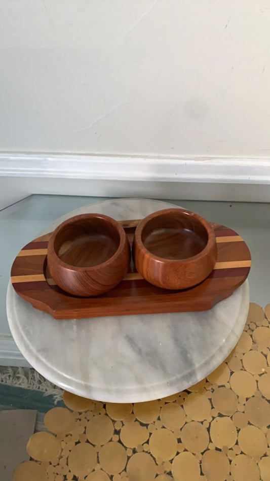 Set of 3 Vintage Hand Carved Wood Bowls Tray