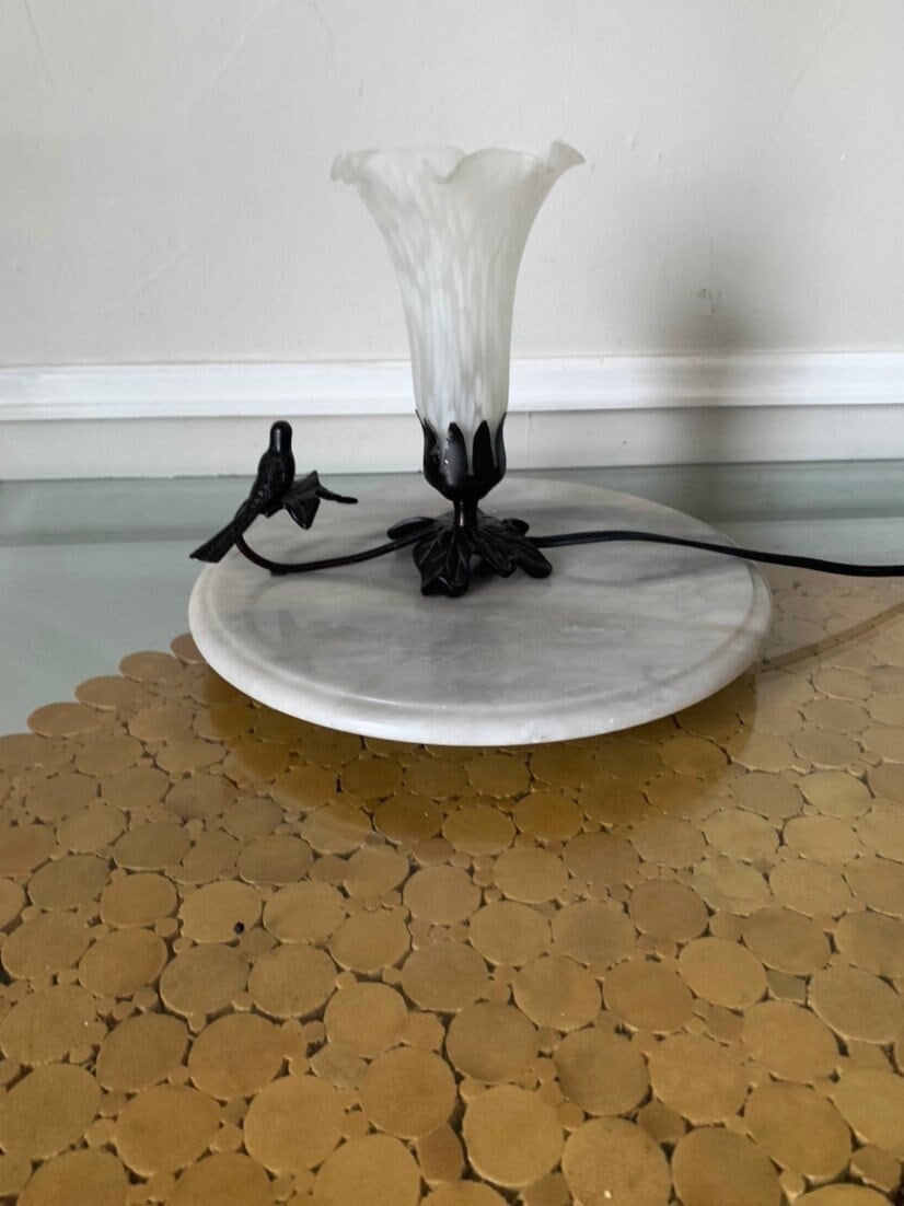 Vintage Trumpet Lamp with Wrought Iron Bird and Frosted Shade