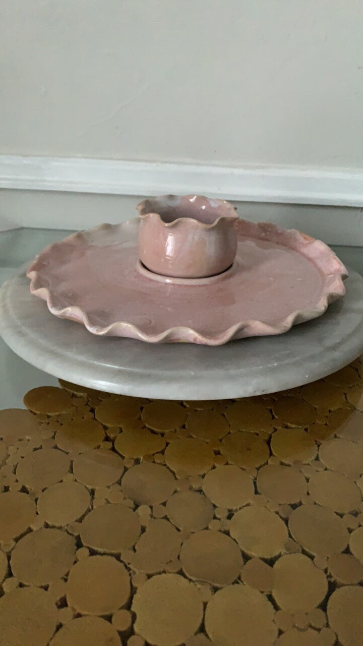 Handmade Ruffled Pink Pottery 2 Piece Serving Dish Made in Canada