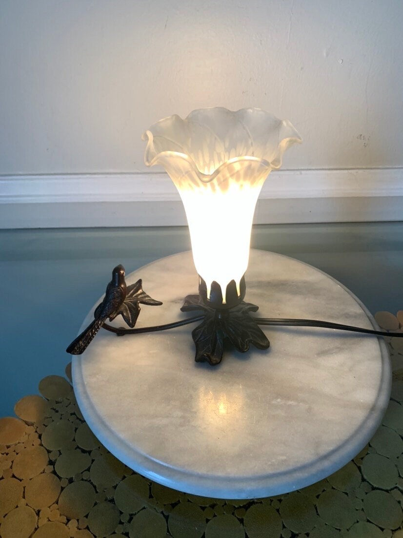 Vintage Trumpet Lamp with Wrought Iron Bird and Frosted Shade