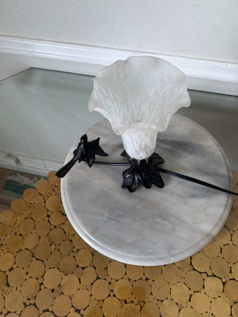 Vintage Trumpet Lamp with Wrought Iron Bird and Frosted Shade