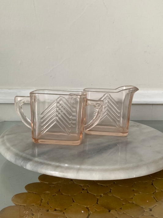 Vintage Hazel Atlas Chevron Pattern Pink Depression Glass Cream & Sugar Bowl