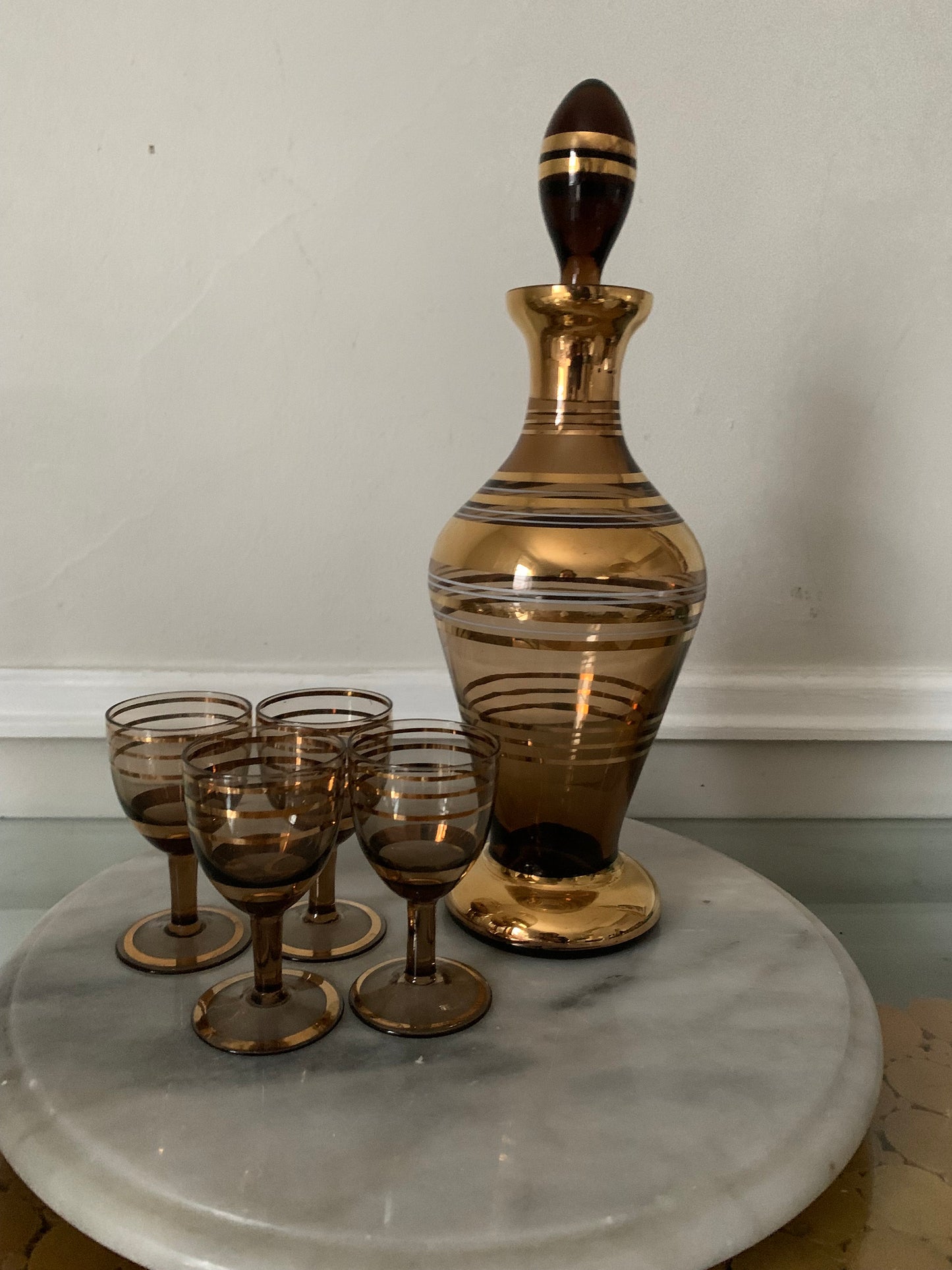 Set of 5  MCM Smokey Brown and Gold Stripe Decanter and Liqueur Glasses