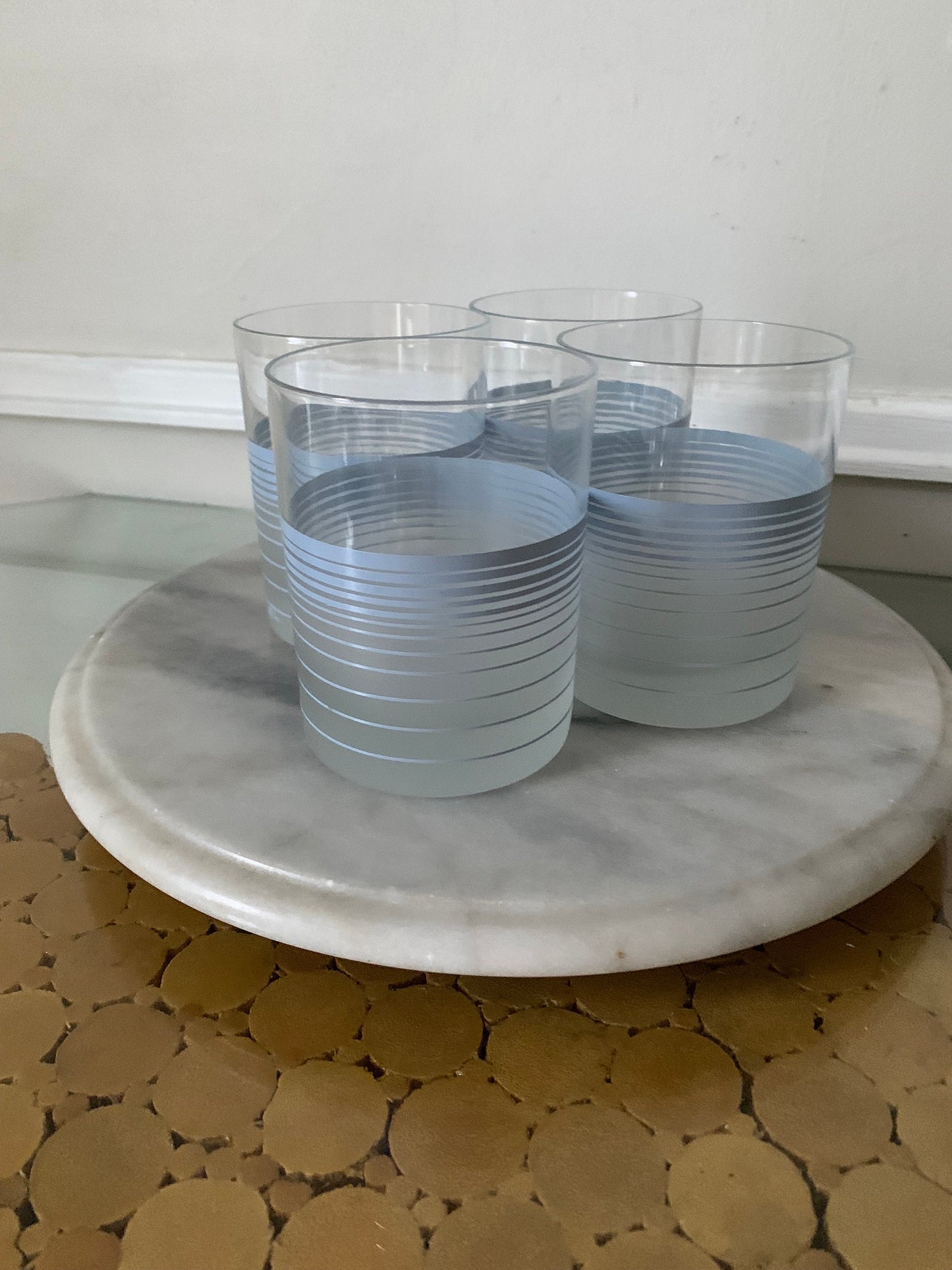 Set of 4 Retro Frosted Cera Low Ball Glasses with Baby Blue Stripes