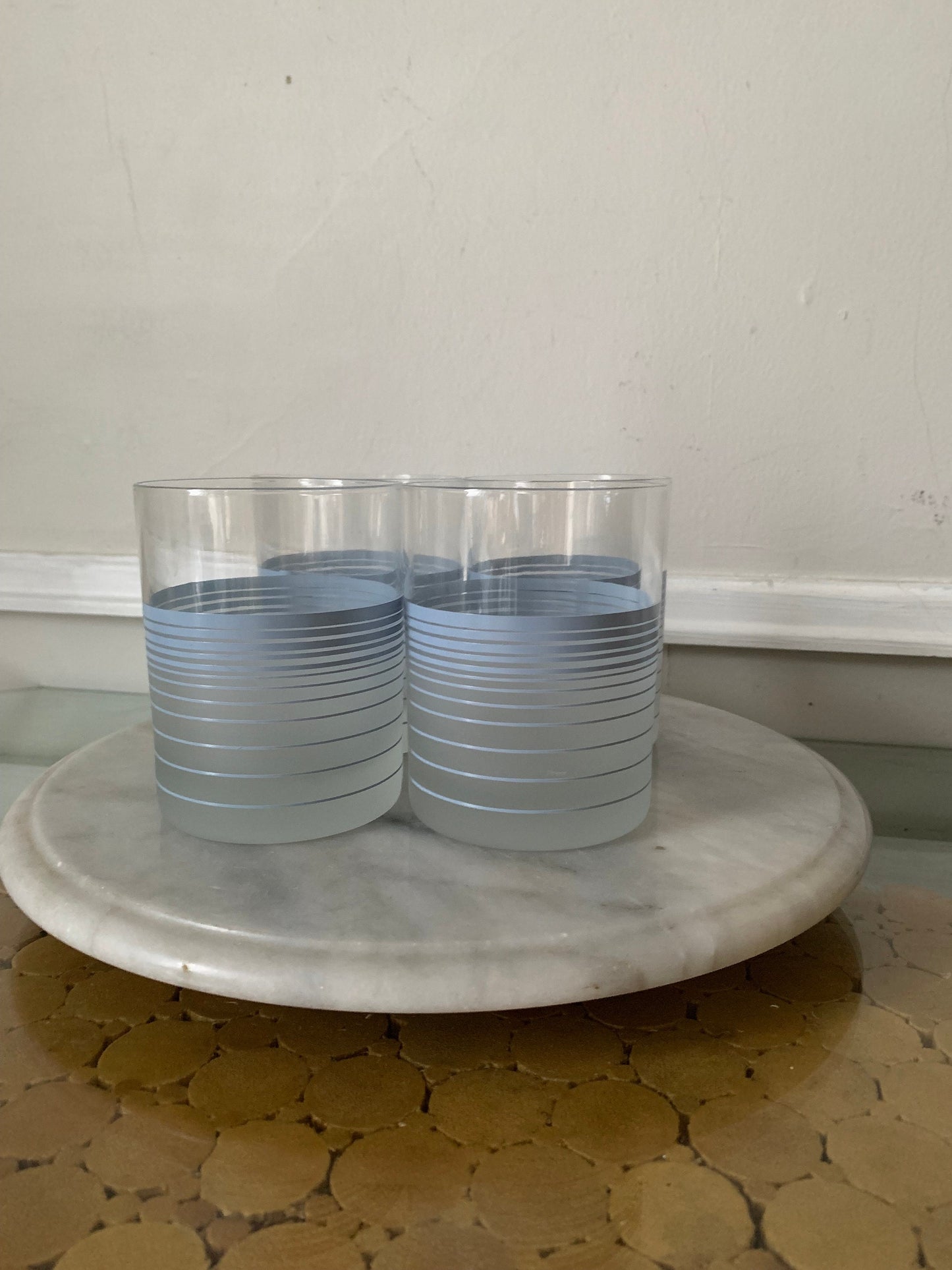 Set of 4 Retro Frosted Cera Low Ball Glasses with Baby Blue Stripes