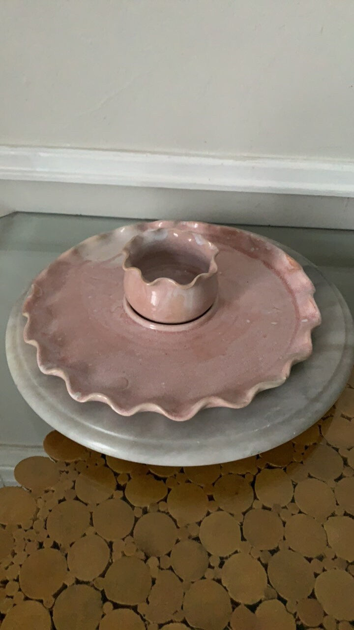 Handmade Ruffled Pink Pottery 2 Piece Serving Dish Made in Canada