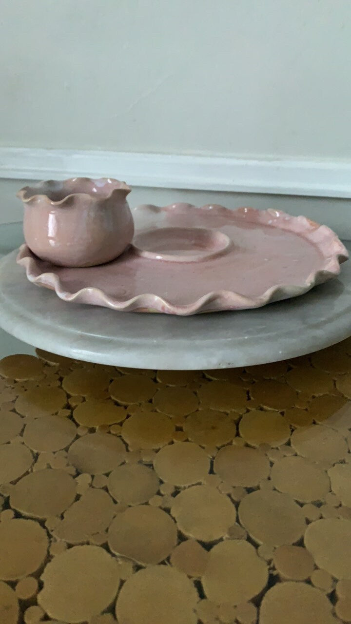 Handmade Ruffled Pink Pottery 2 Piece Serving Dish Made in Canada