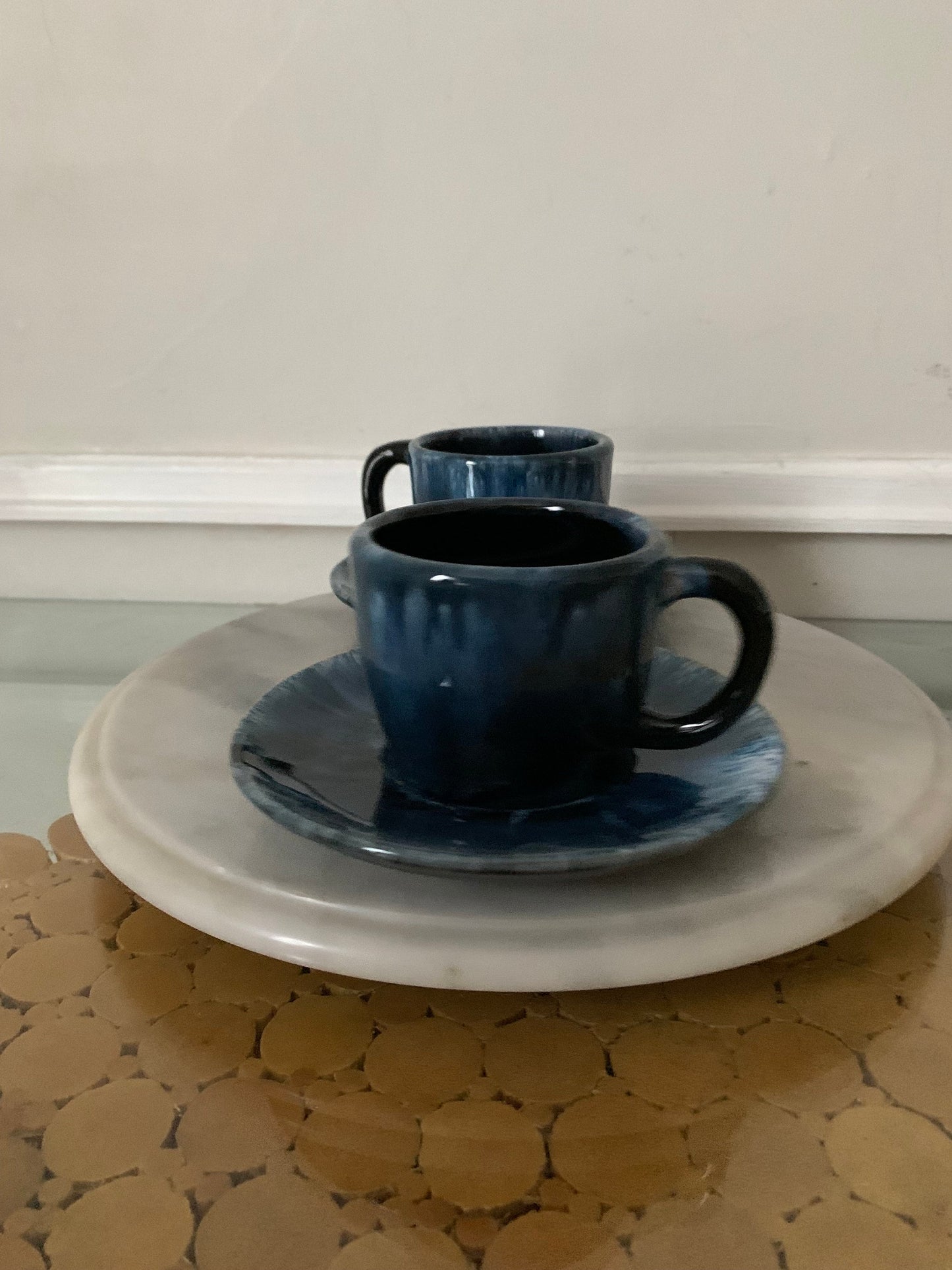 Set of 2 MCM Blue Drip Glaze Pottery Mugs & Saucers