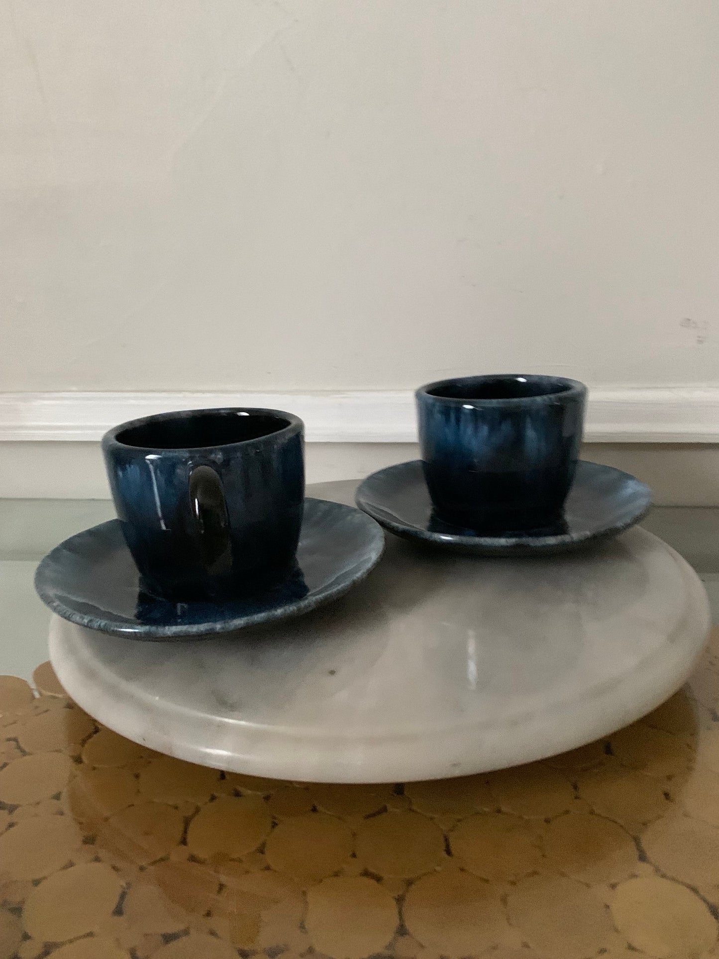 Set of 2 MCM Blue Drip Glaze Pottery Mugs & Saucers