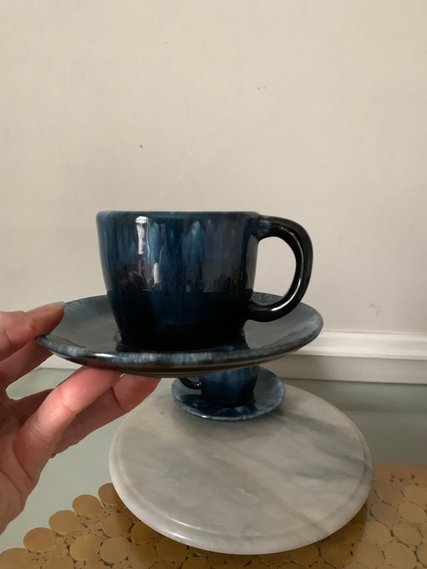 Set of 2 MCM Blue Drip Glaze Pottery Mugs & Saucers