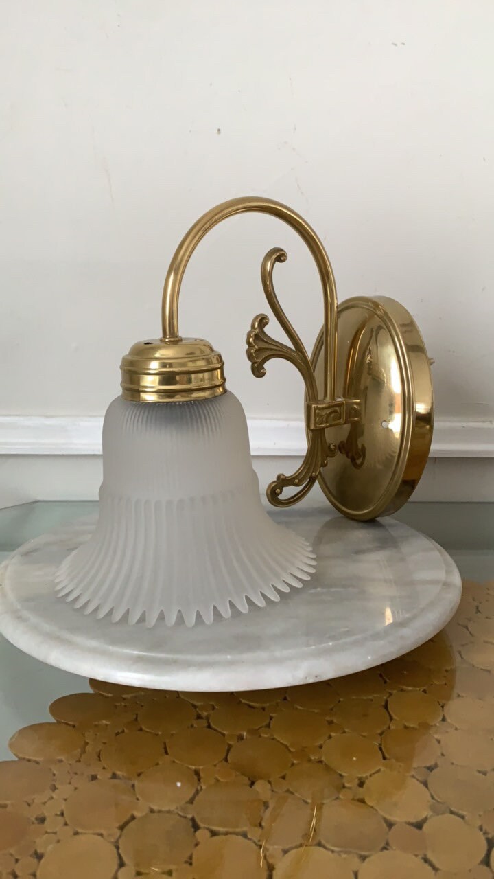 Vintage Ornate Brass Electrified Wall Sconce with Frosted Glass Shade