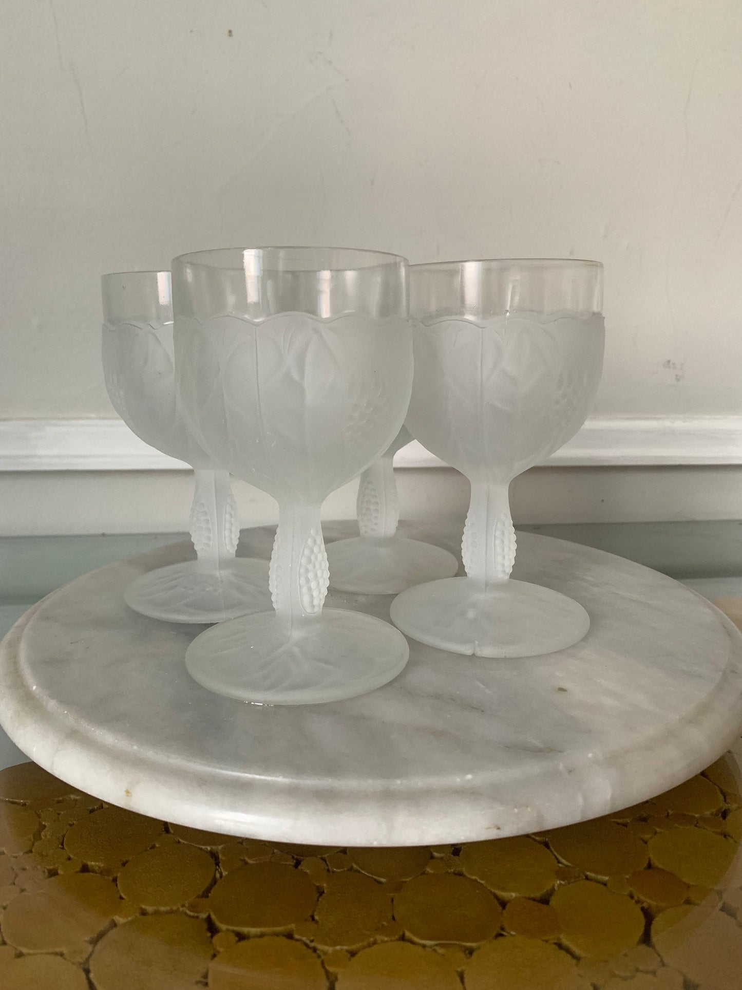 Set of 4 Vintage Clear Frosted Taitu Floral Small Goblets Italy