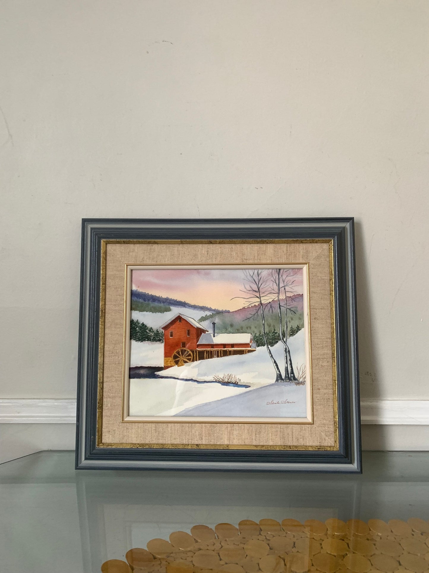 Vintage Rectangle Red House in Winter Scene Watercolour Wood Frame