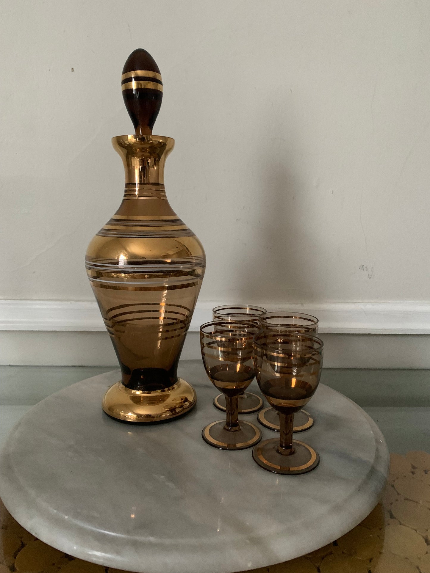 Set of 5  MCM Smokey Brown and Gold Stripe Decanter and Liqueur Glasses