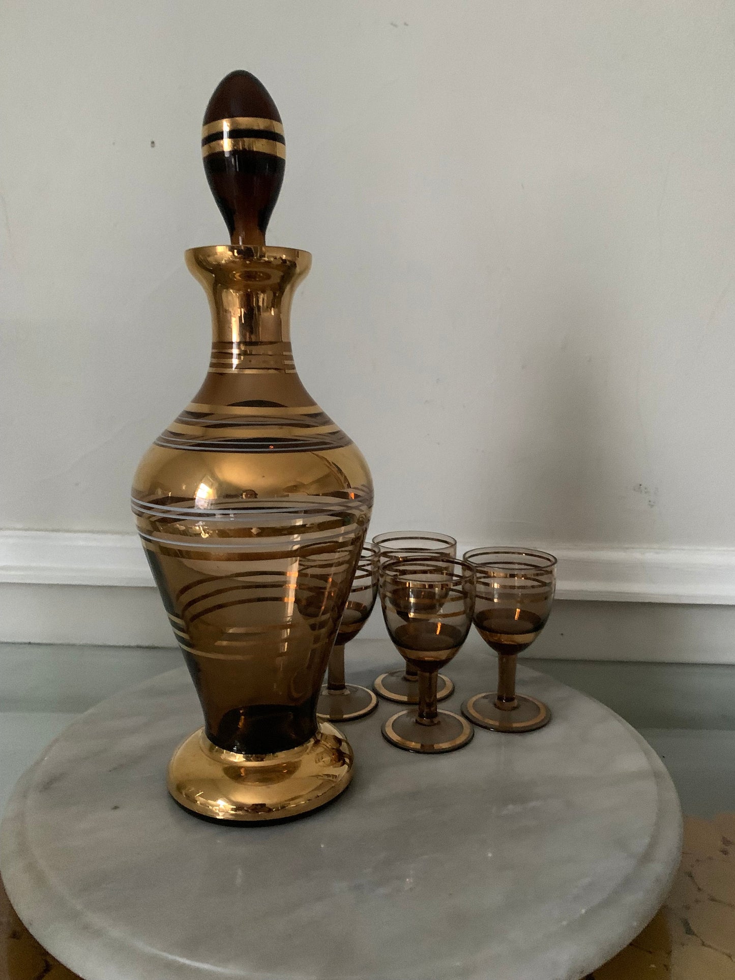 Set of 5  MCM Smokey Brown and Gold Stripe Decanter and Liqueur Glasses