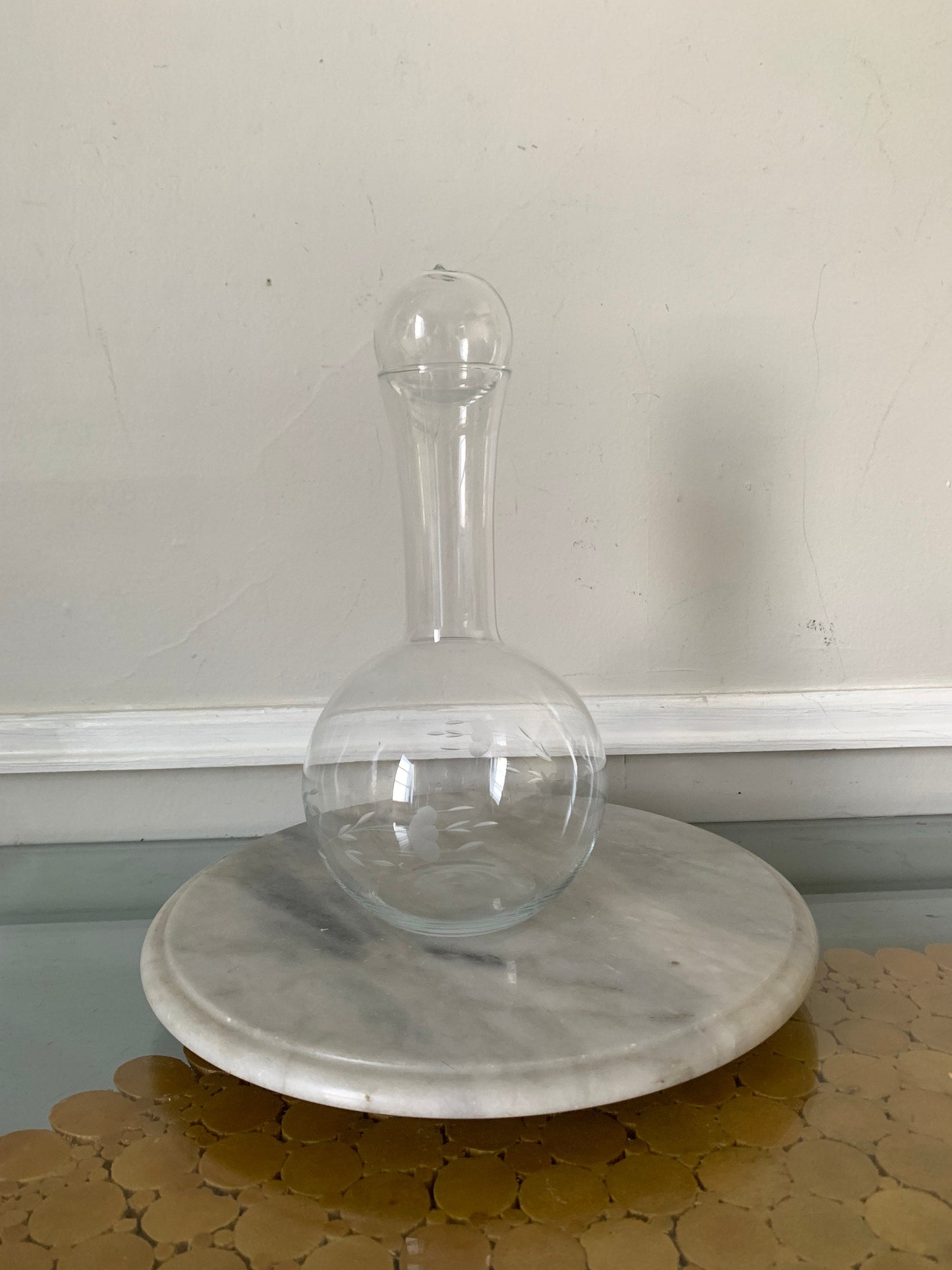 Vintage Tall Clear Decanter with Etched Flower and Glass Ball Top