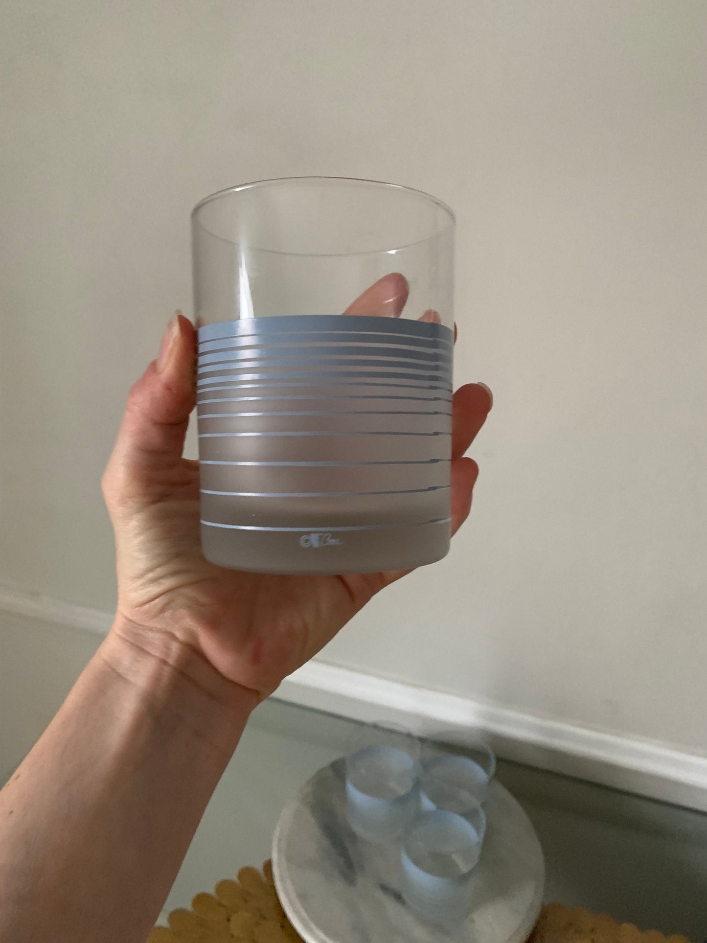 Set of 4 Retro Frosted Cera Low Ball Glasses with Baby Blue Stripes