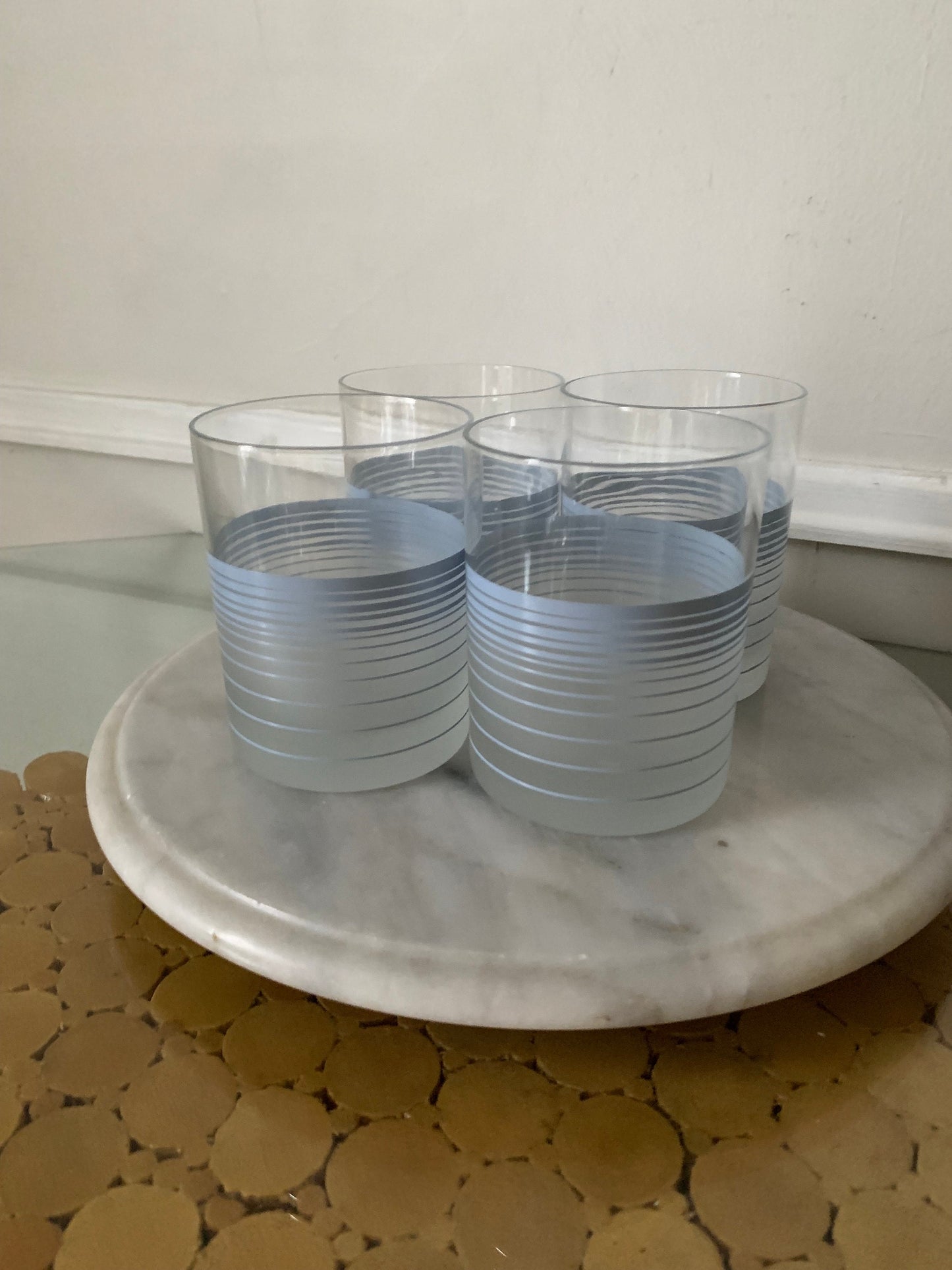 Set of 4 Retro Frosted Cera Low Ball Glasses with Baby Blue Stripes