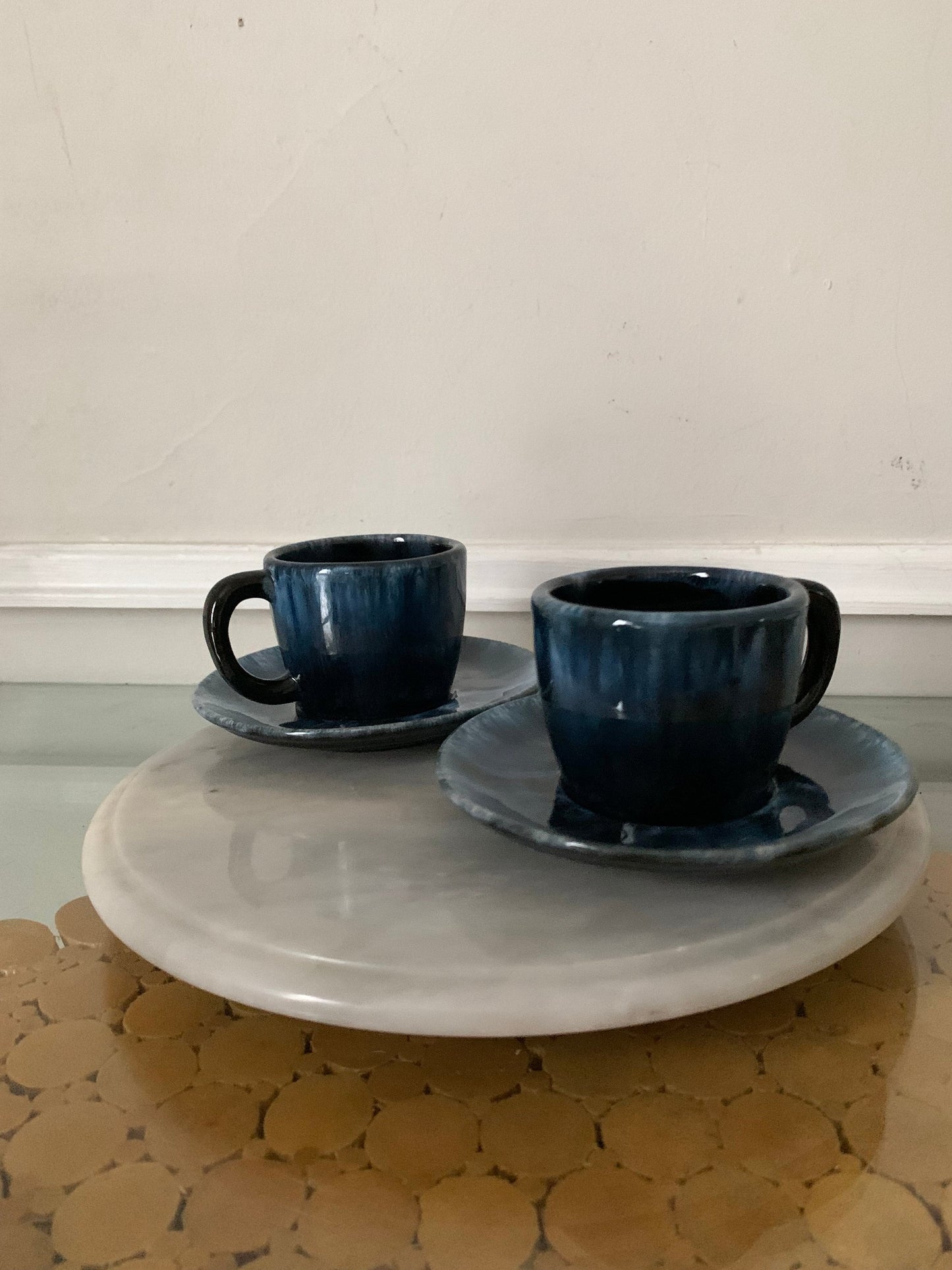 Set of 2 MCM Blue Drip Glaze Pottery Mugs & Saucers