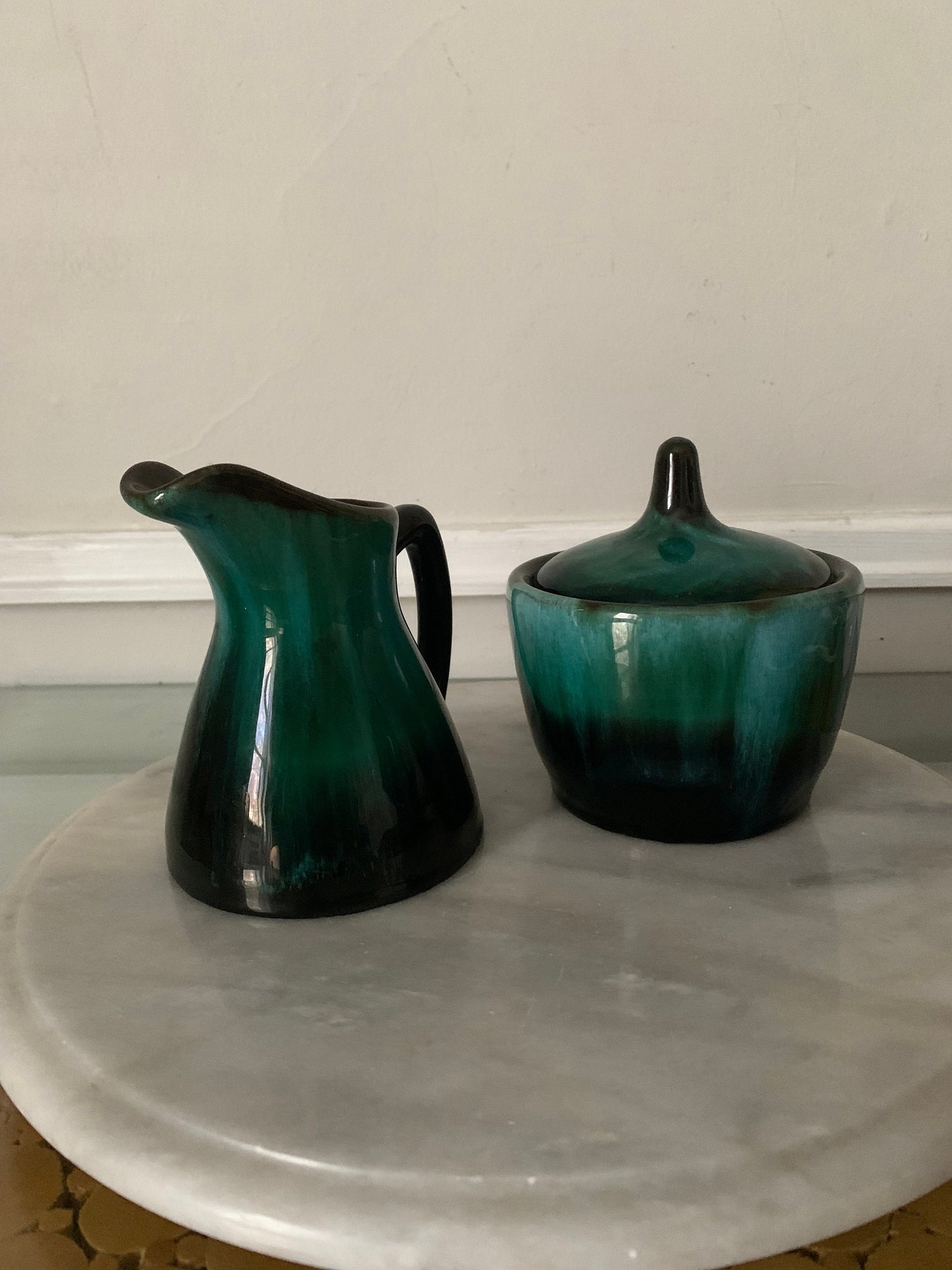 MCM Blue Mountain Pottery Green Drip Glaze Pottery Cream & Sugar