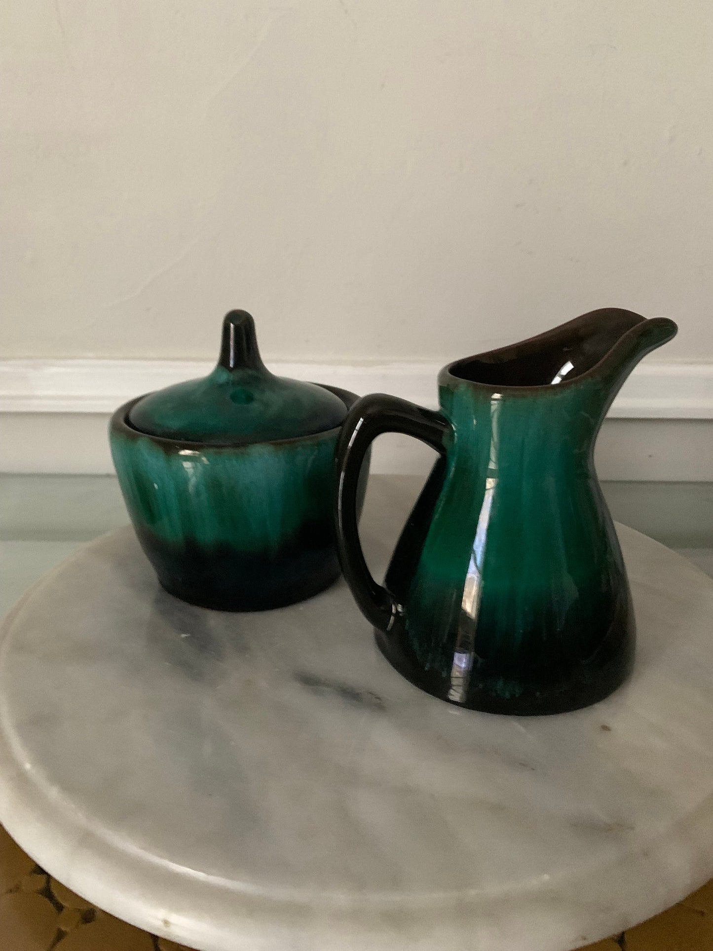 MCM Blue Mountain Pottery Green Drip Glaze Pottery Cream & Sugar