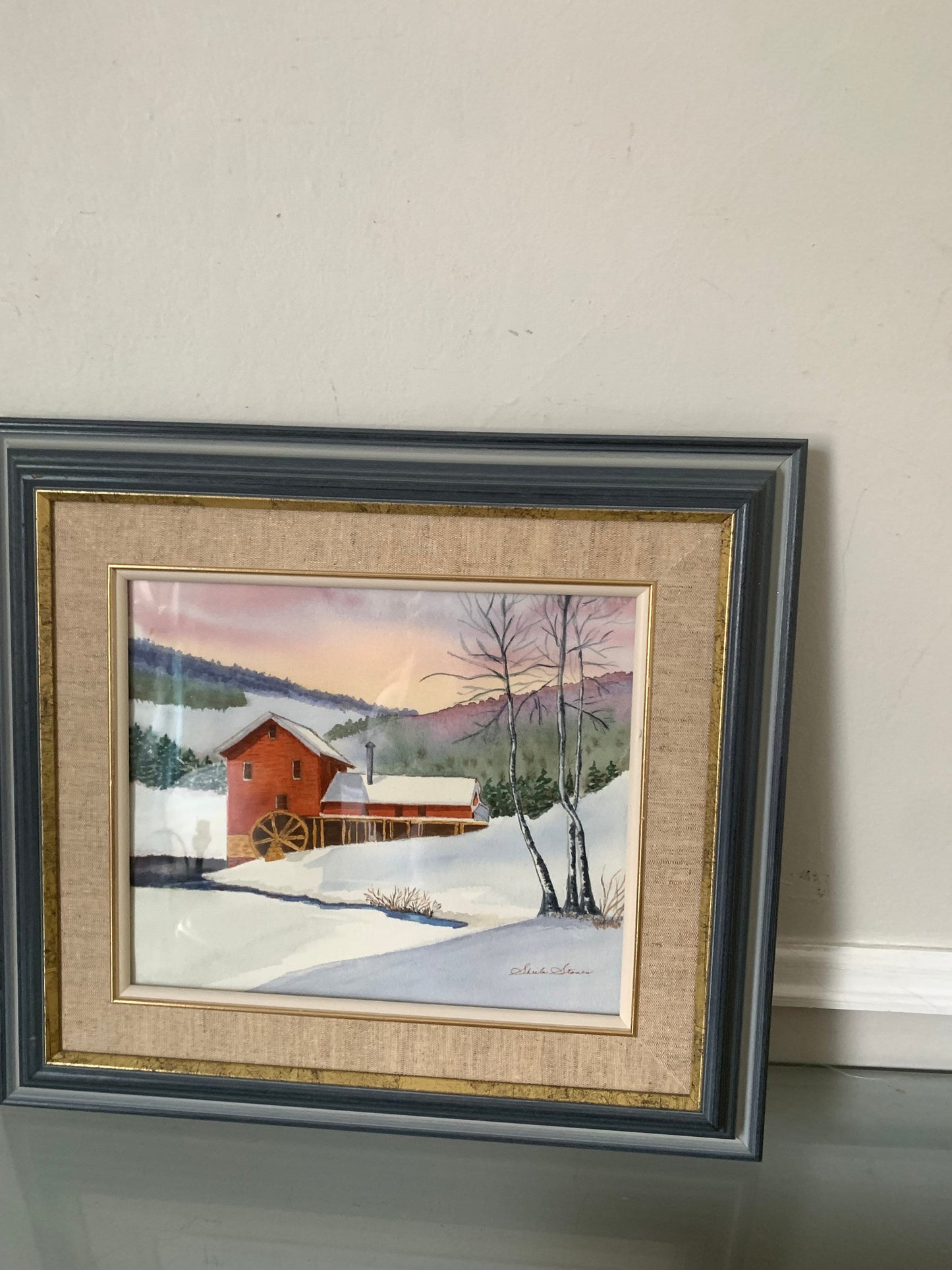 Vintage Rectangle Red House in Winter Scene Watercolour Wood Frame