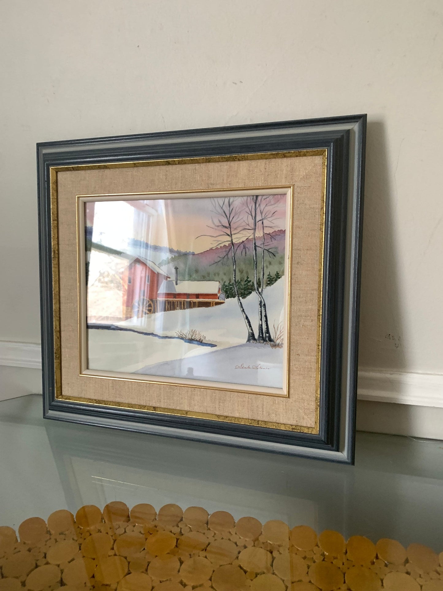 Vintage Rectangle Red House in Winter Scene Watercolour Wood Frame