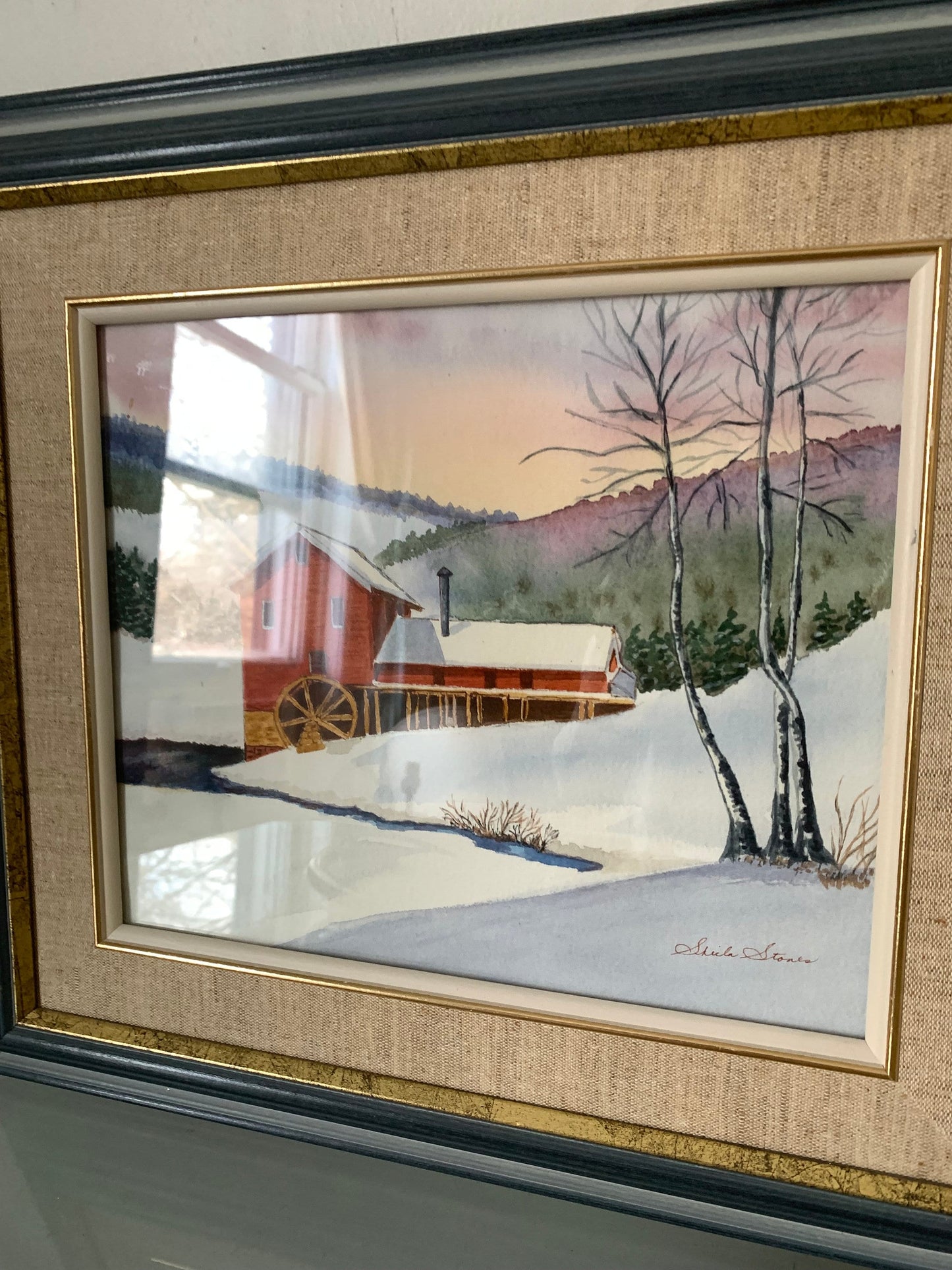 Vintage Rectangle Red House in Winter Scene Watercolour Wood Frame