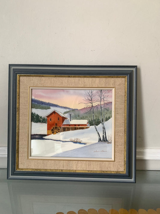 Vintage Rectangle Red House in Winter Scene Watercolour Wood Frame