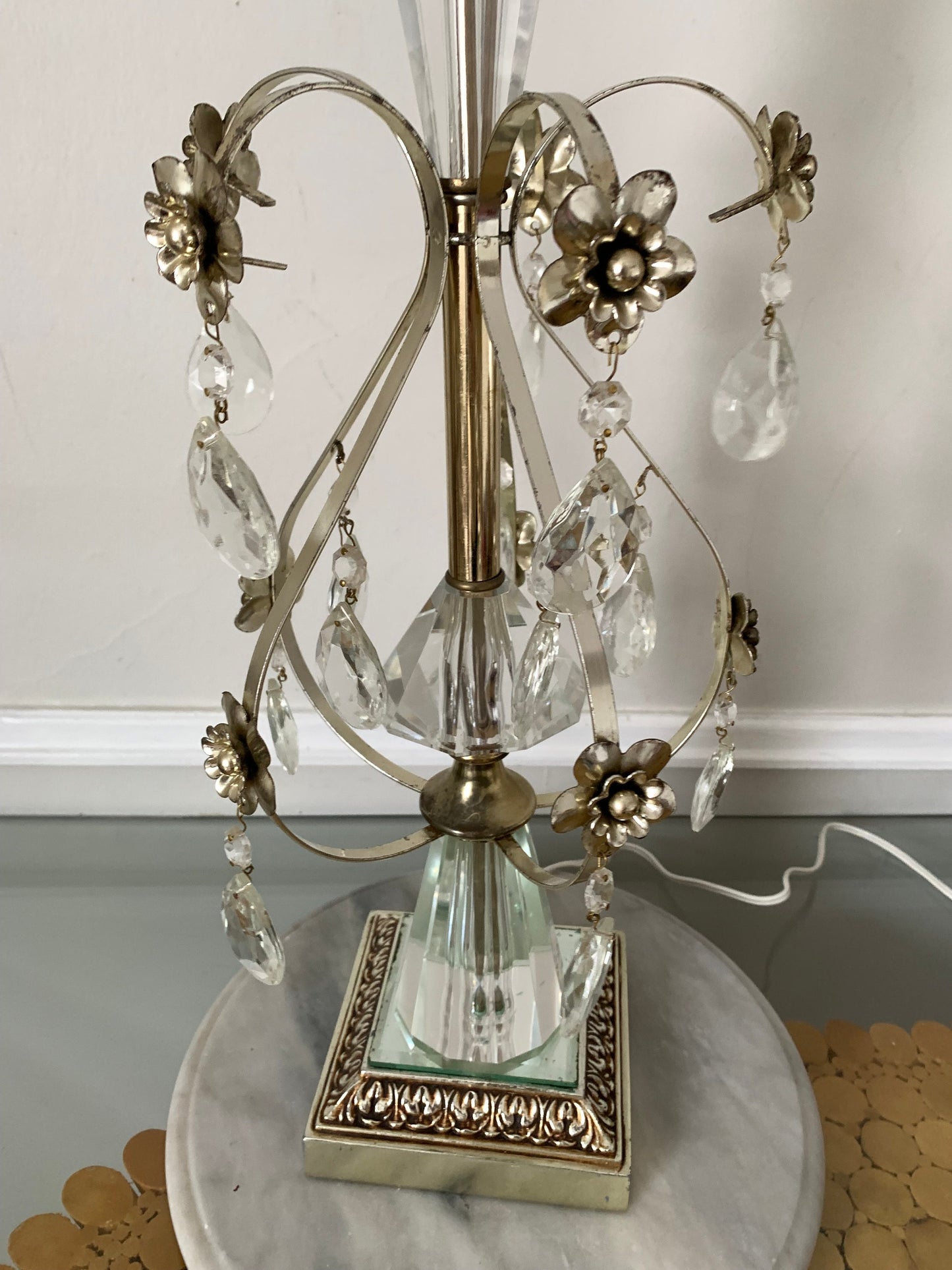 MCM Tall Hollywood Regency Brass and Mirror Lamp with Crystals No Shade