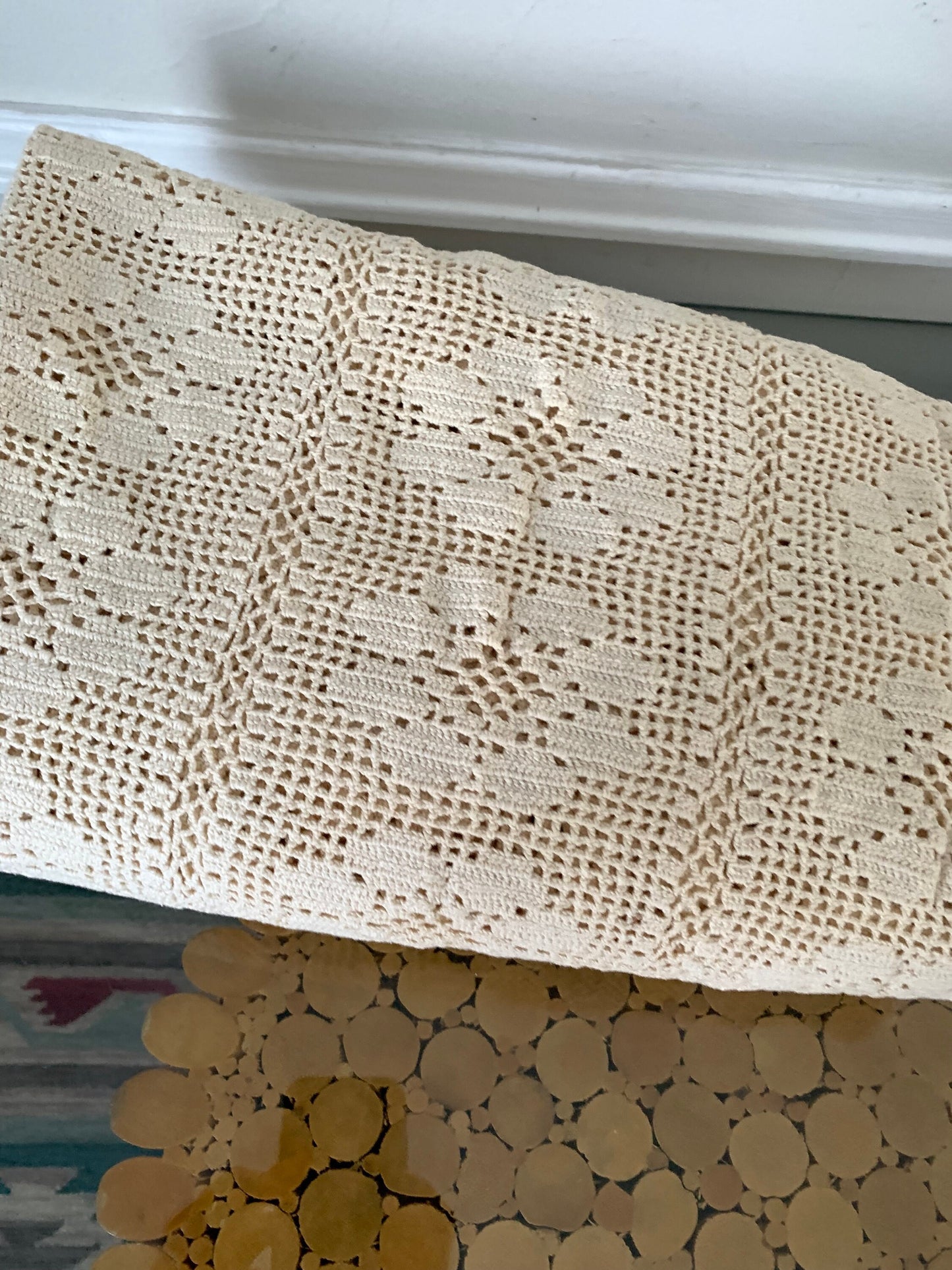 Vintage Rectangular Cream Crocheted Tablecloth